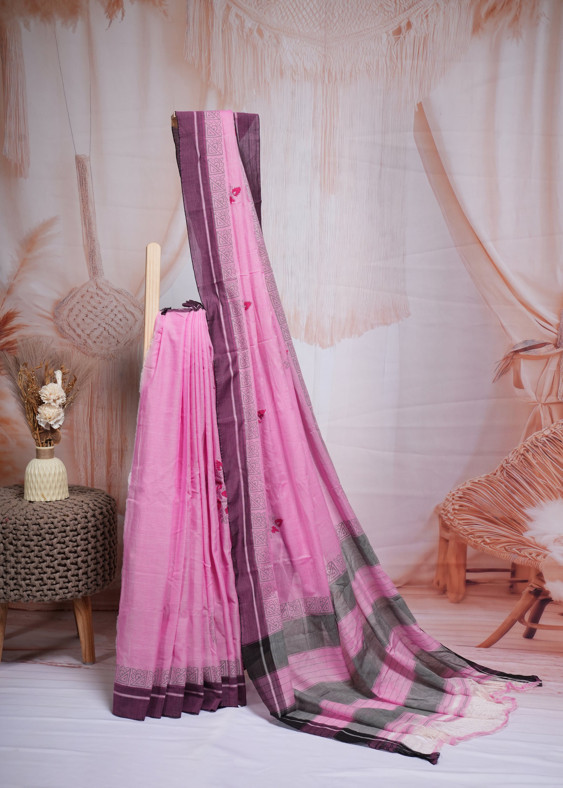 Soft Pink Minimal Handblock Print Cotton Saree