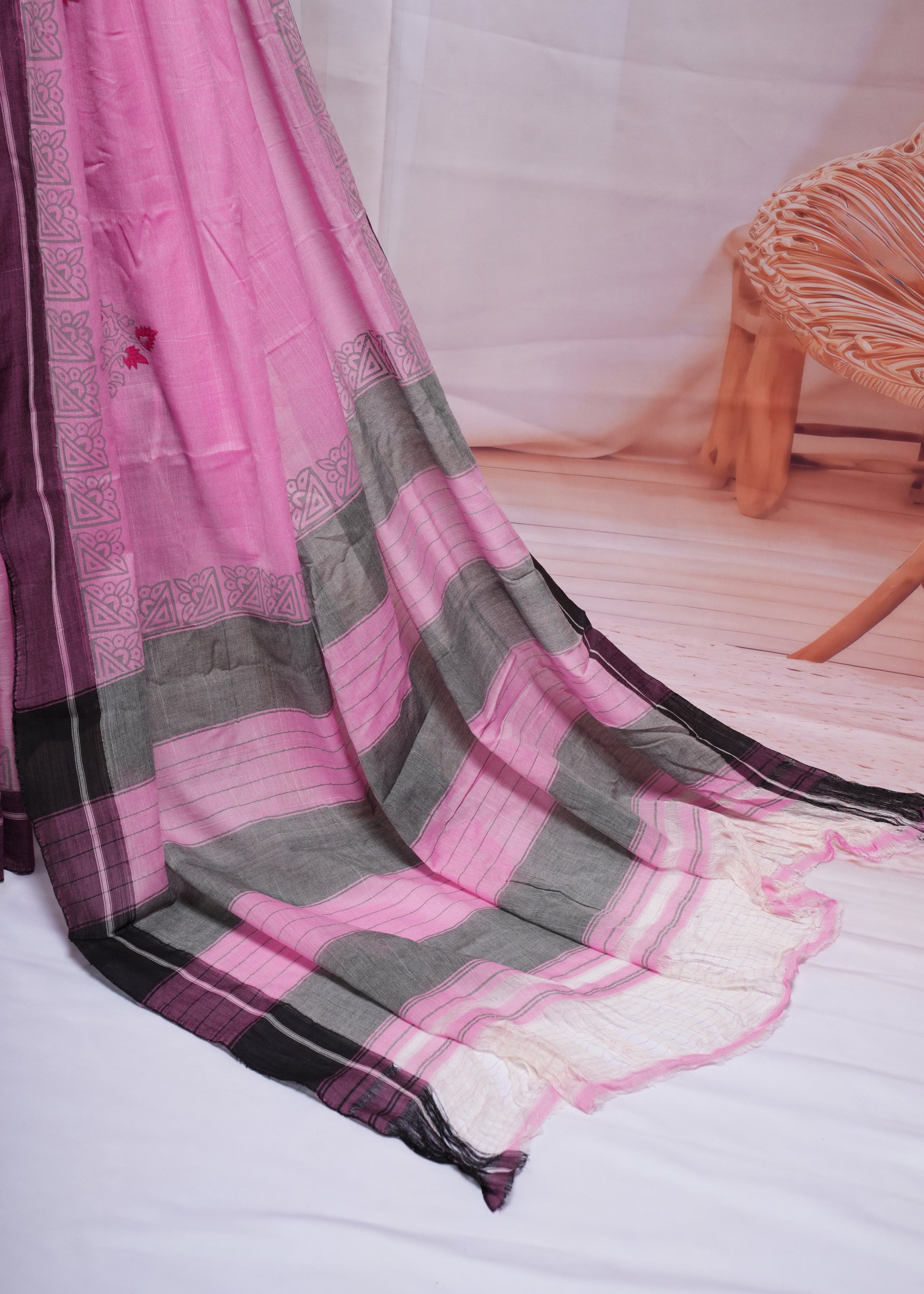 Soft Pink Minimal Handblock Print Cotton Saree