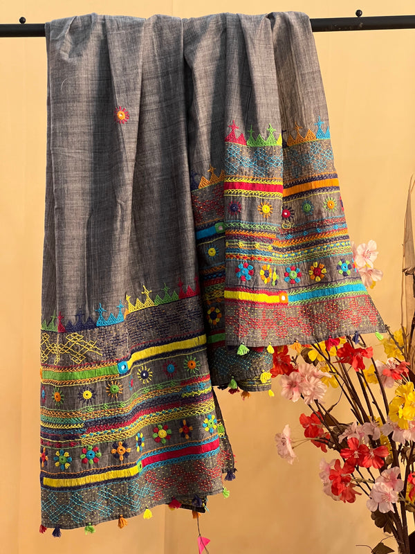Handloom Cotton Lambani Dupatta | Charcoal Grey Hand Embroidered Dupatta