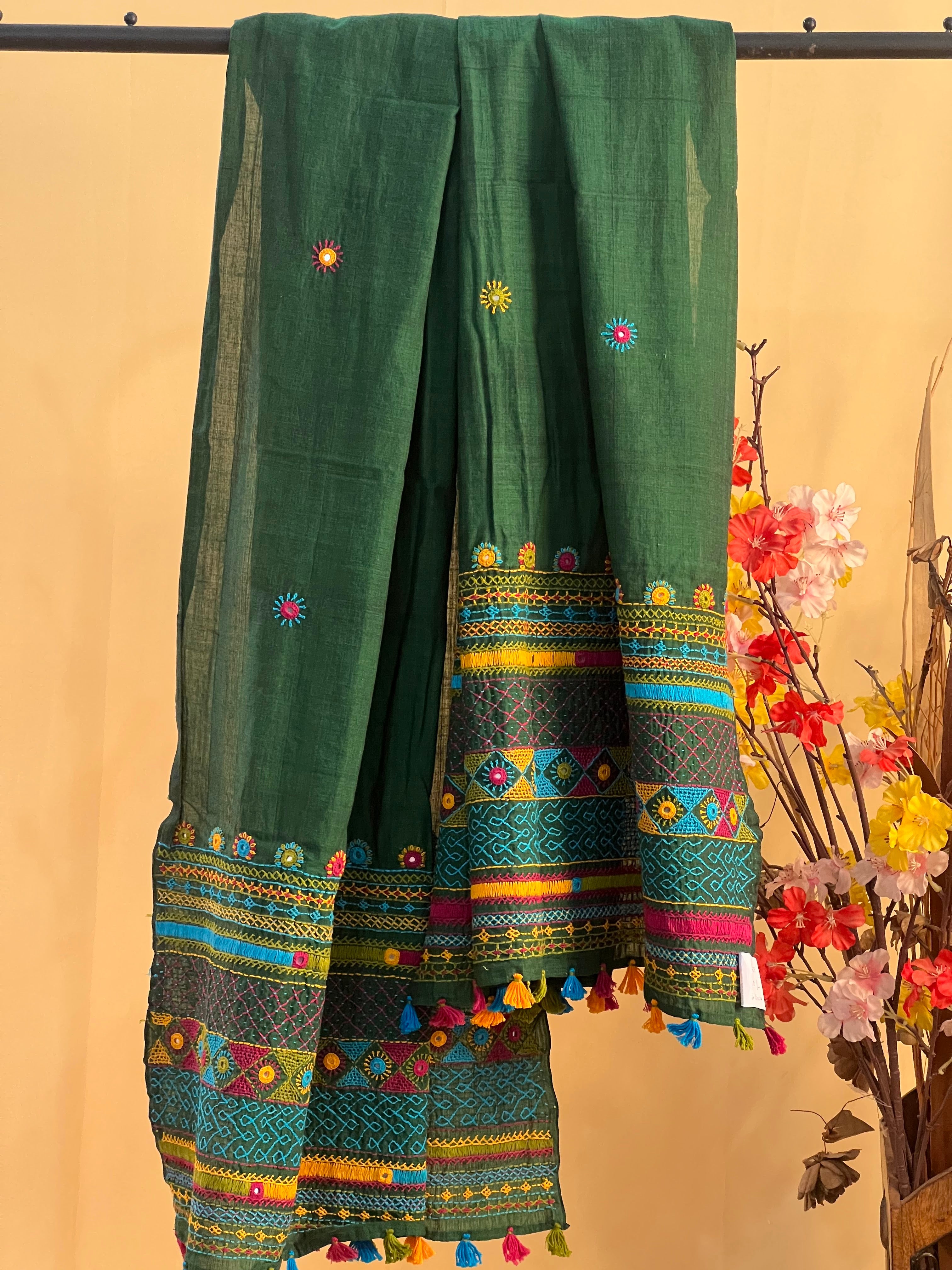 Handloom Cotton Lambani Dupatta | Deep Green Banjara Embroidered Mirror Work Dupatta