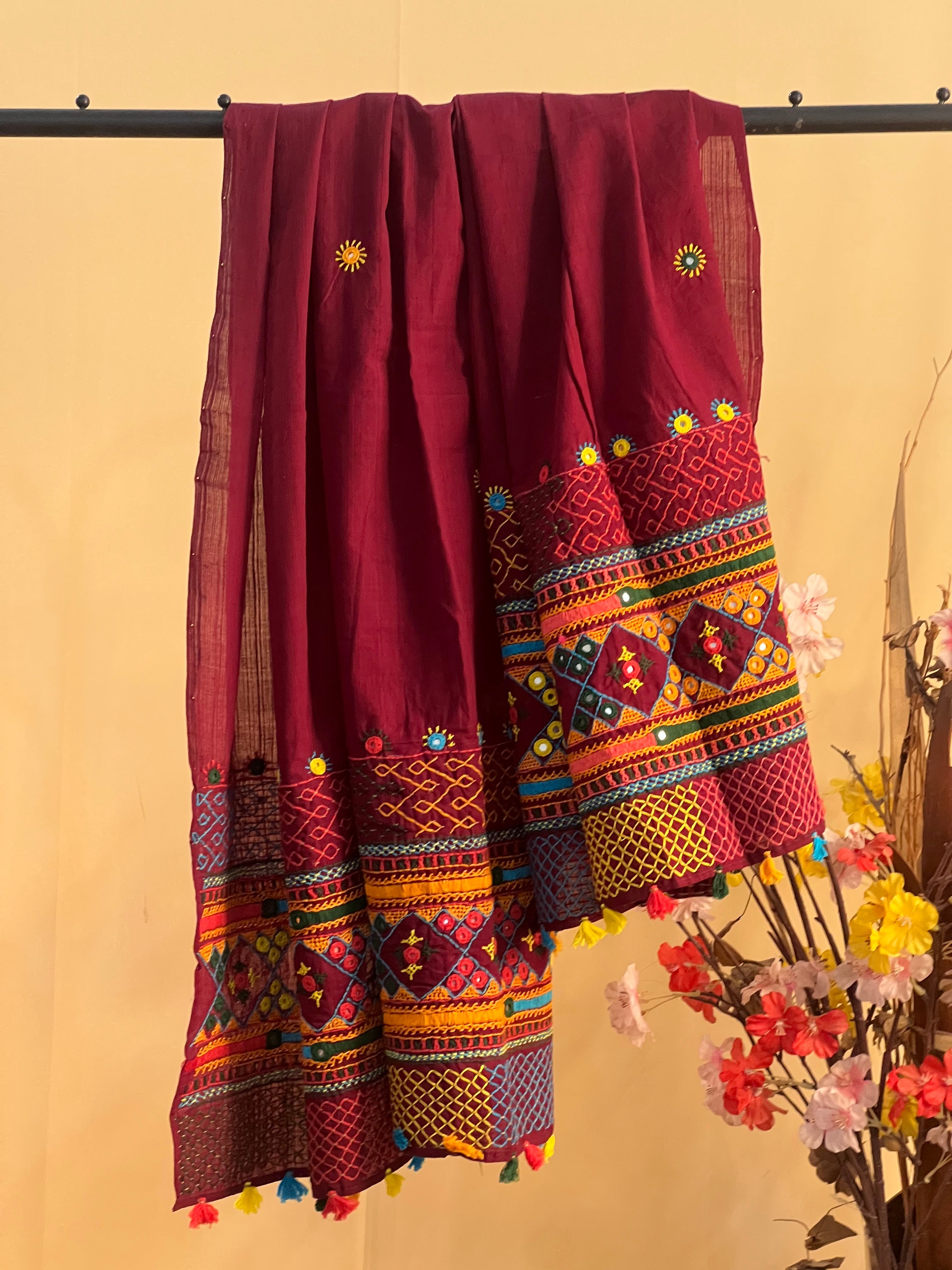 Handloom Cotton Lambani Dupatta | Deep Maroon Banjara Mirror Work Dupatta