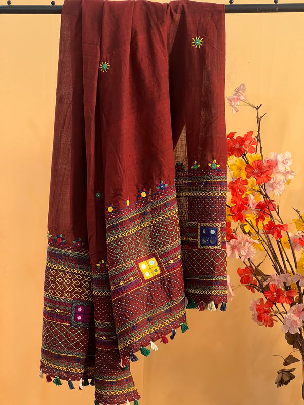 Handloom Cotton Lambani Dupatta | Rust Brown Tribal Embroidered Dupatta