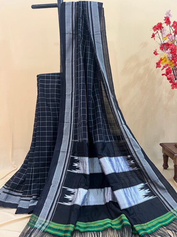Black Checkered Saree with Silver Pallu Handloom Cotton Silk Saree