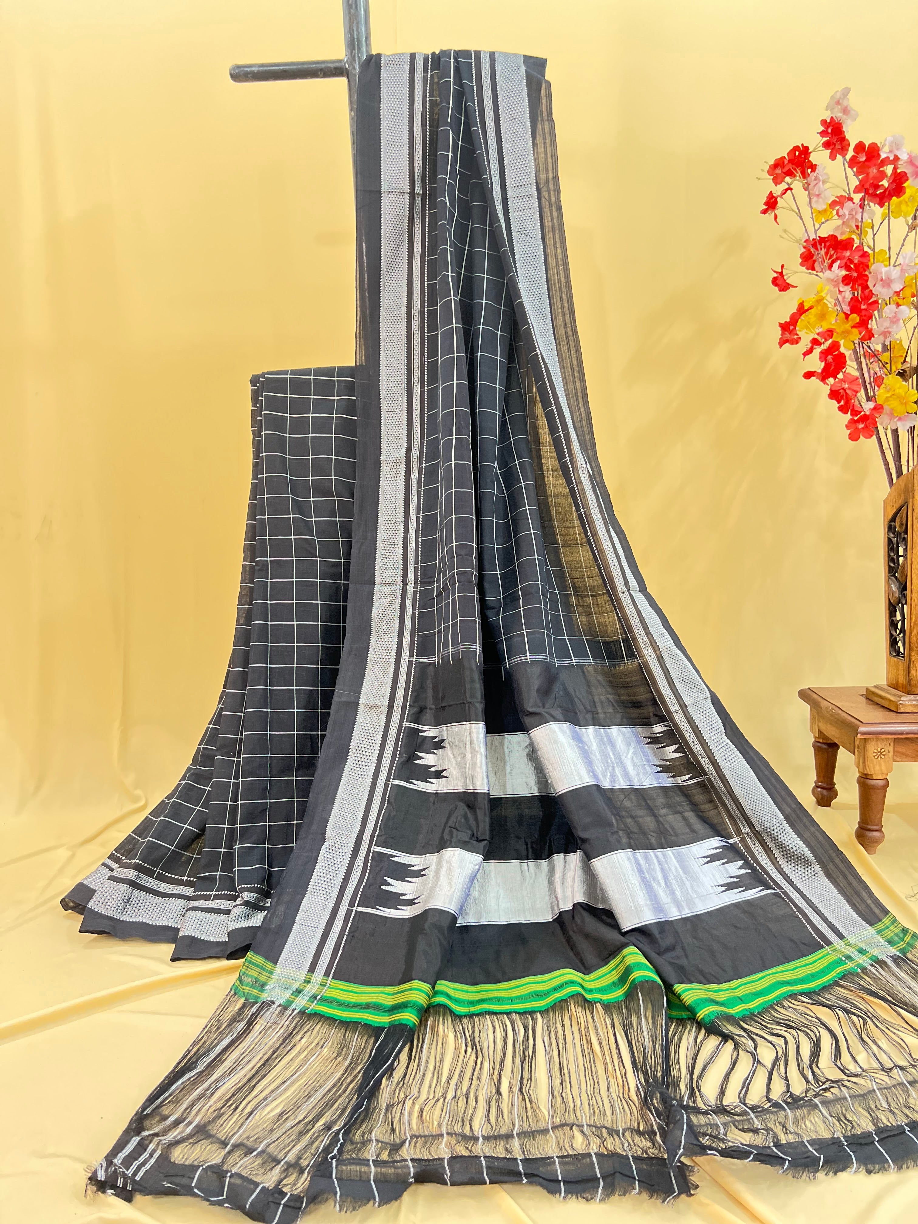 Black Checkered Saree with Silver Pallu Handloom Cotton Silk Saree