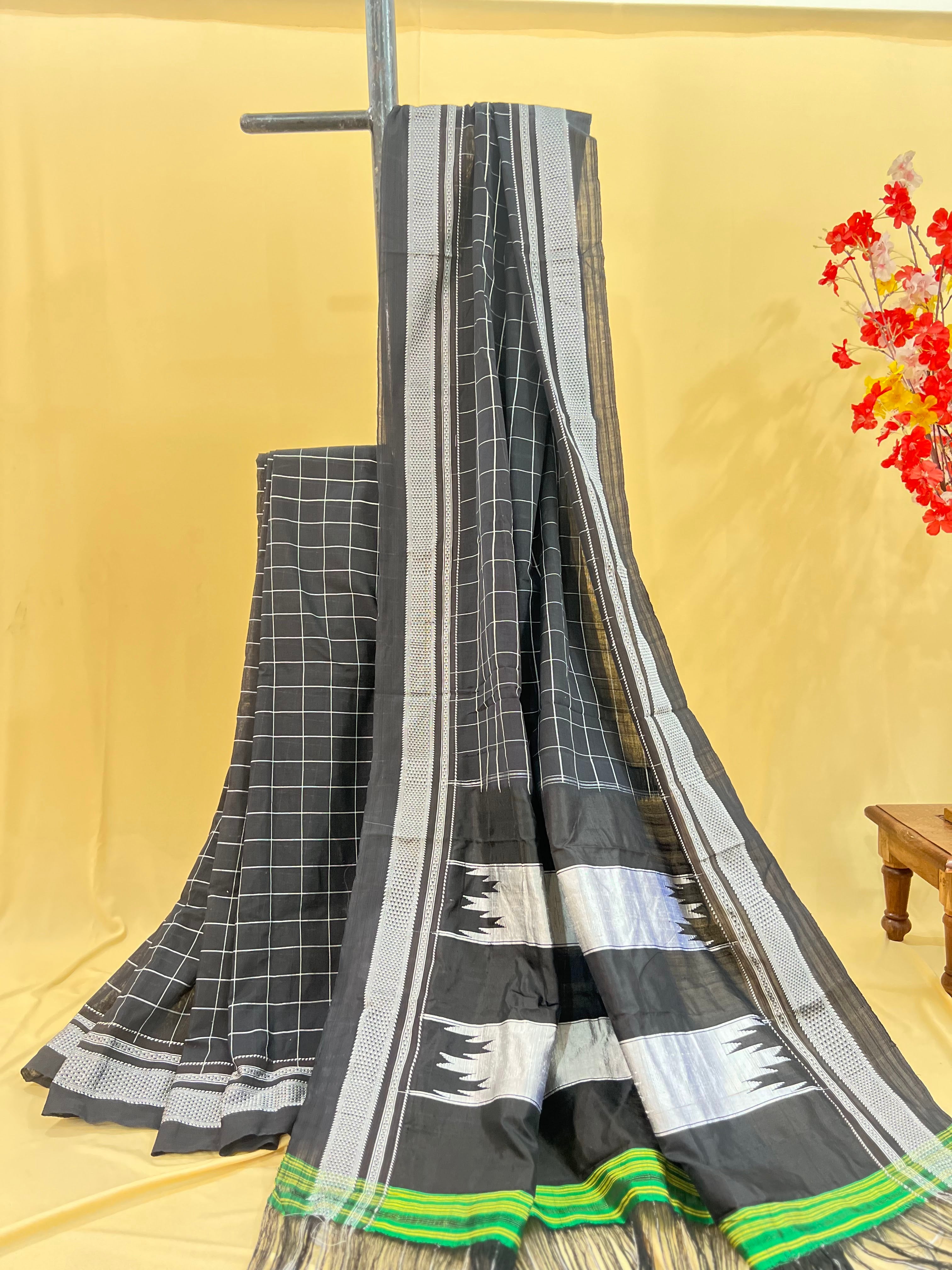Black Checkered Saree with Silver Pallu Handloom Cotton Silk Saree