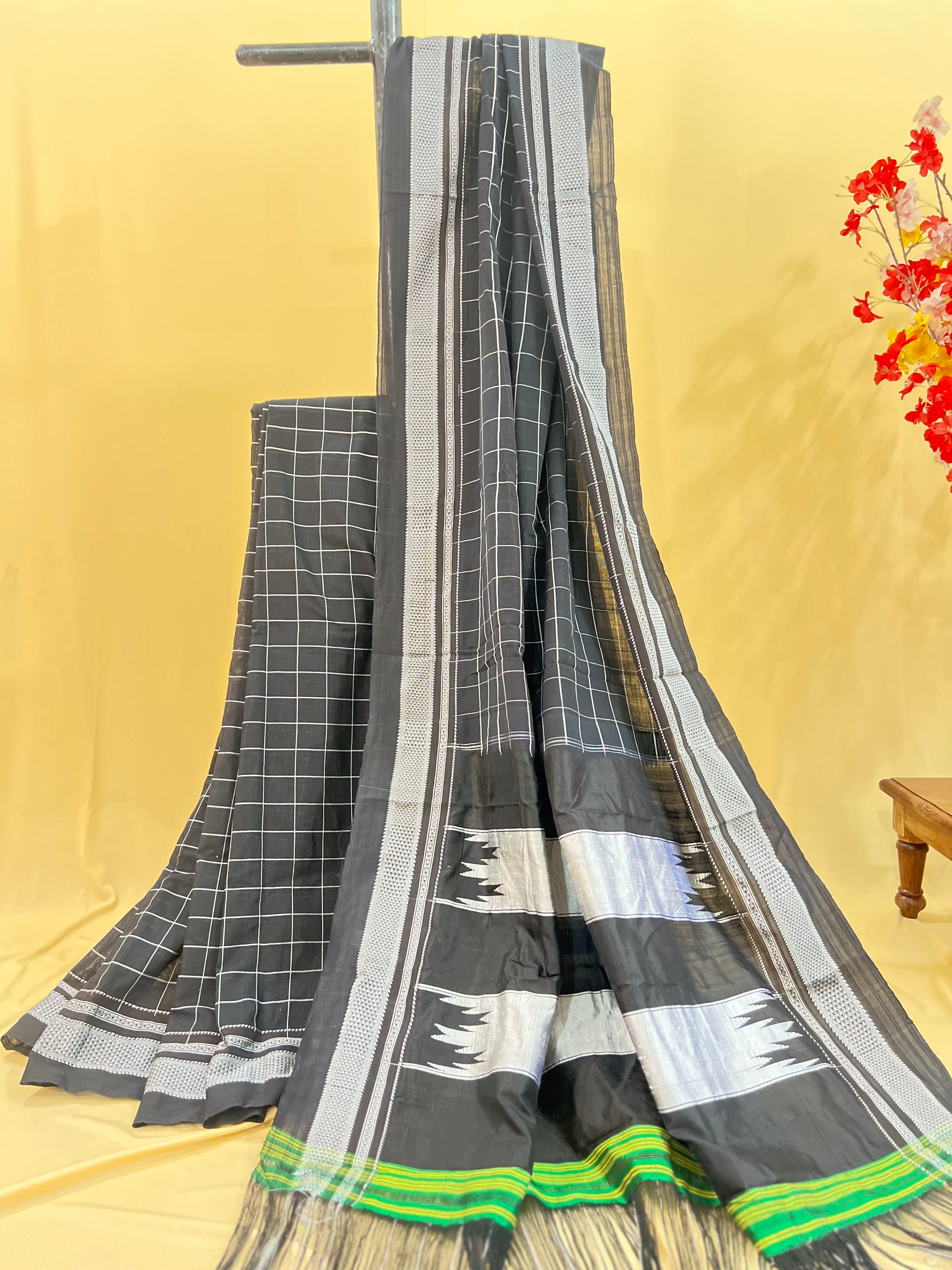 Black Checkered Saree with Silver Pallu Handloom Cotton Silk Saree