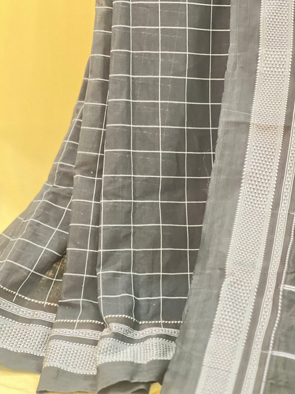 Black Checkered Saree with Silver Pallu Handloom Cotton Silk Saree