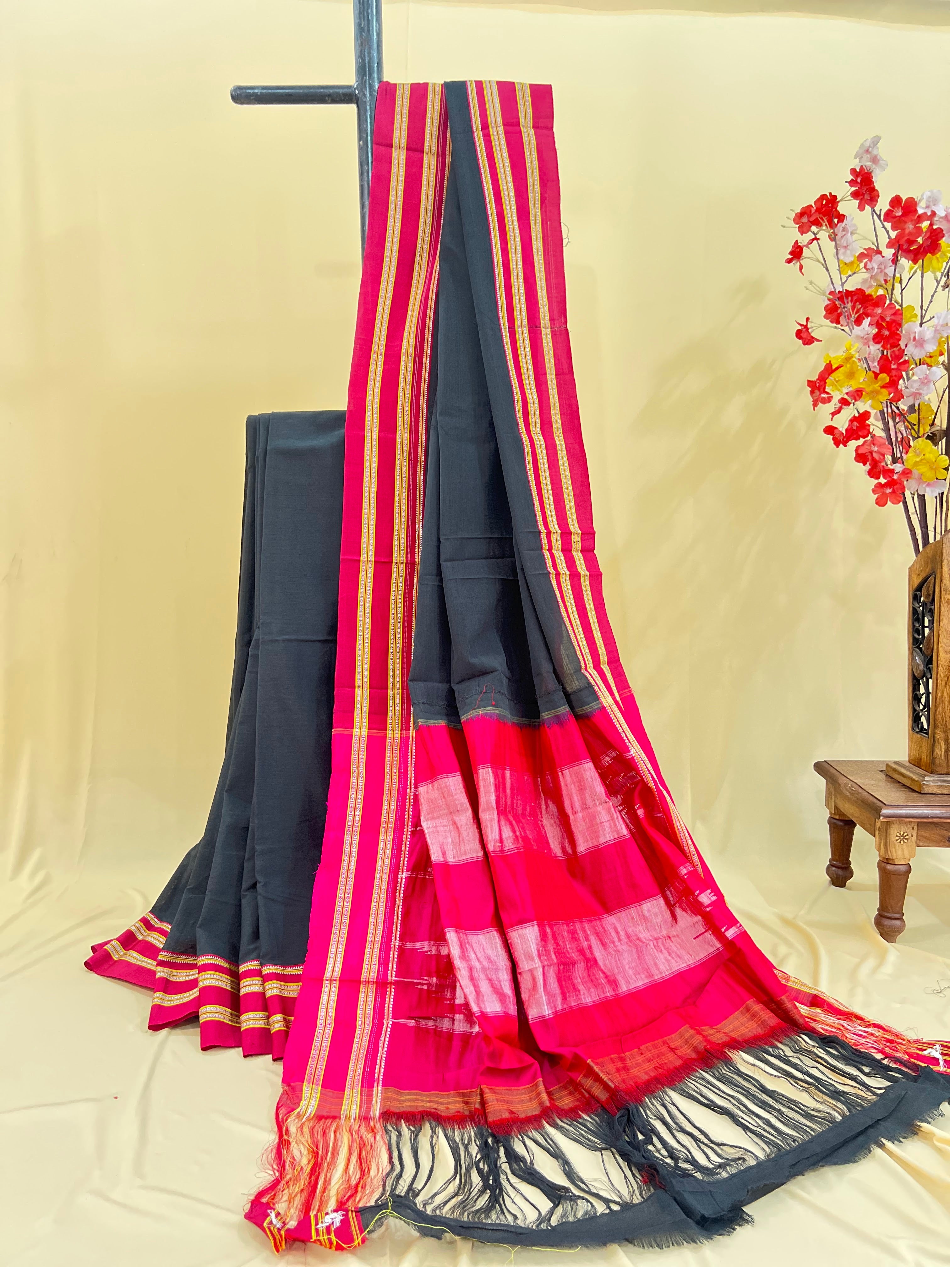 Charcoal Grey with Rani Pink Silk Pallu Handloom Cotton Silk Saree