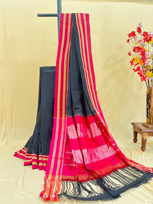 Charcoal Grey with Rani Pink Silk Pallu Handloom Cotton Silk Saree