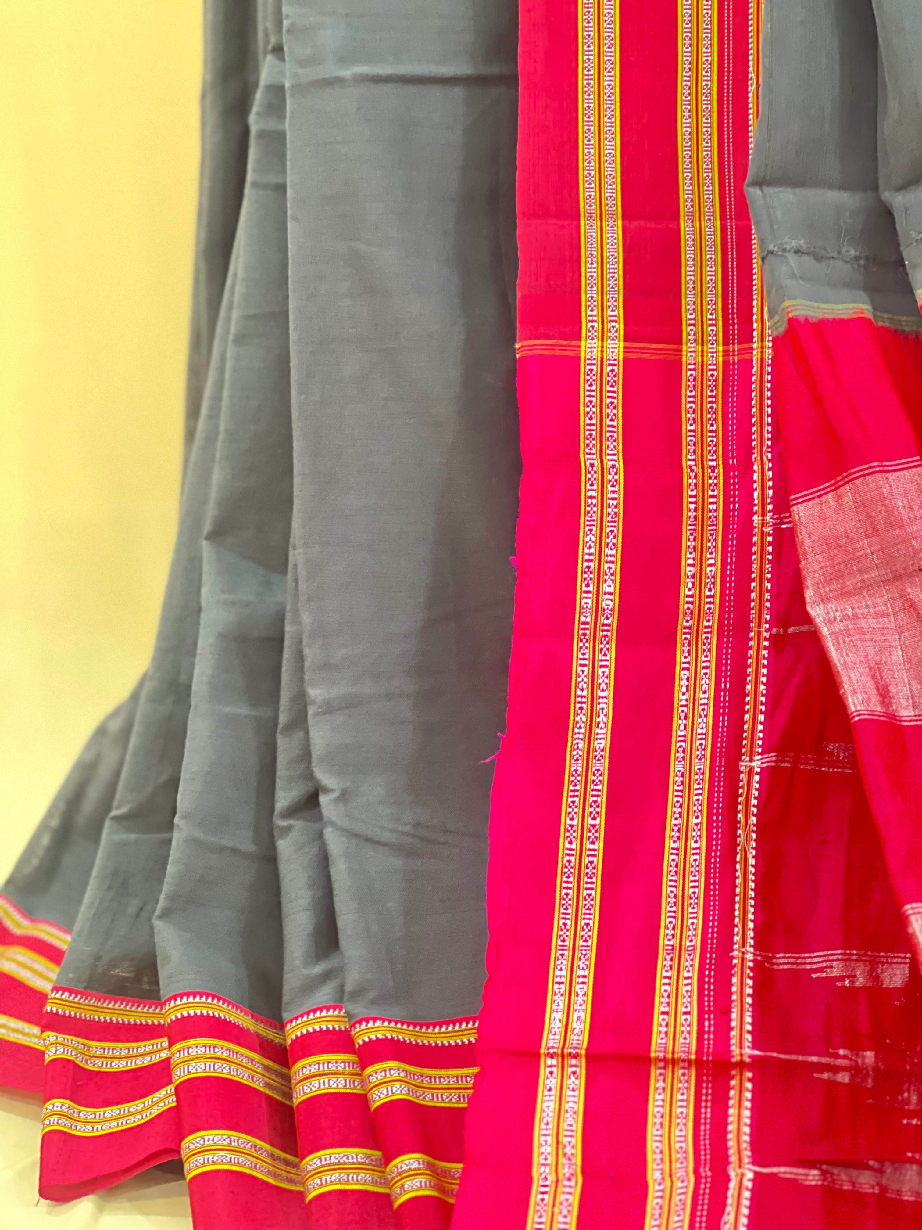 Charcoal Grey with Rani Pink Silk Pallu Handloom Cotton Silk Saree