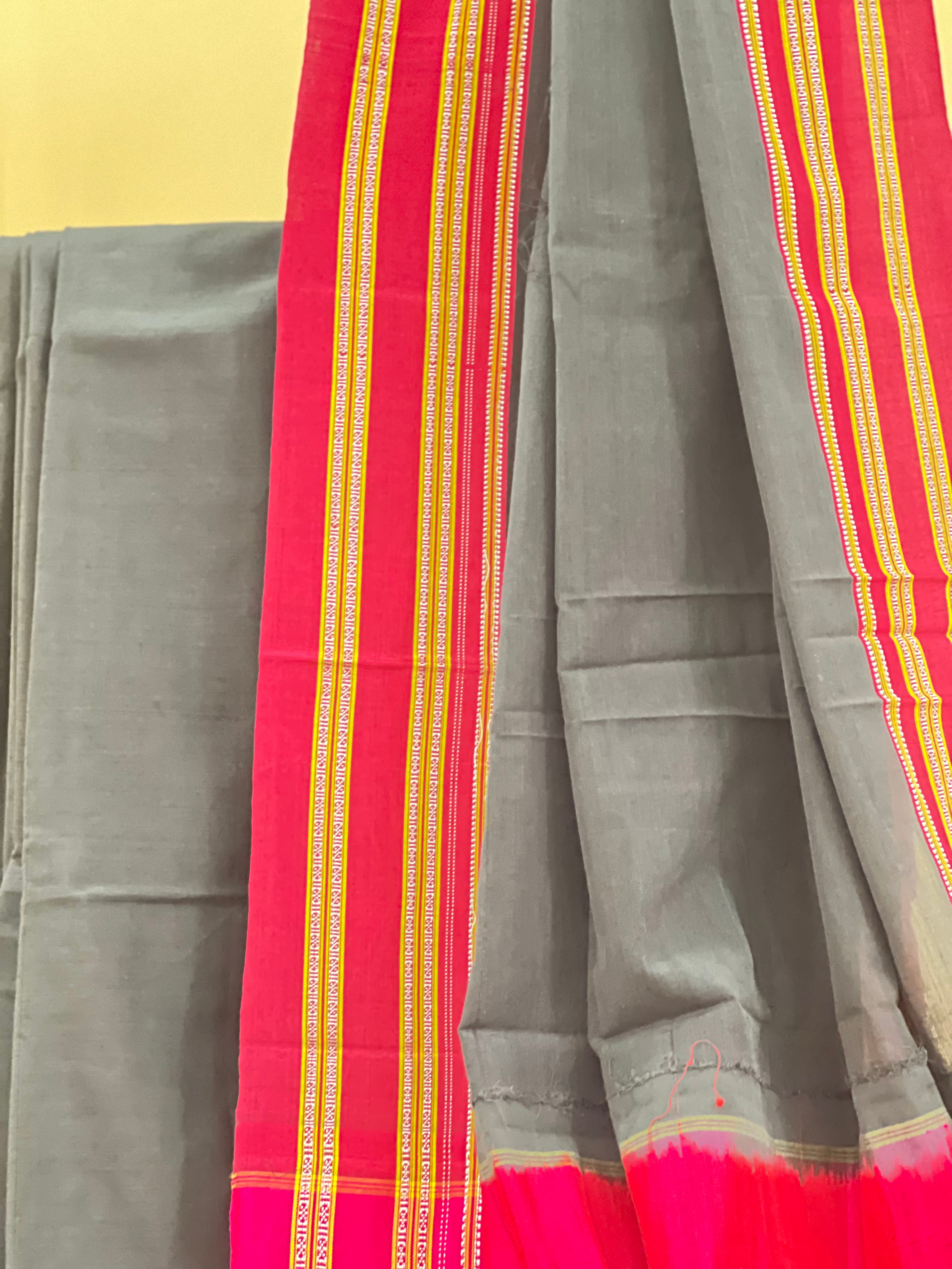 Charcoal Grey with Rani Pink Silk Pallu Handloom Cotton Silk Saree