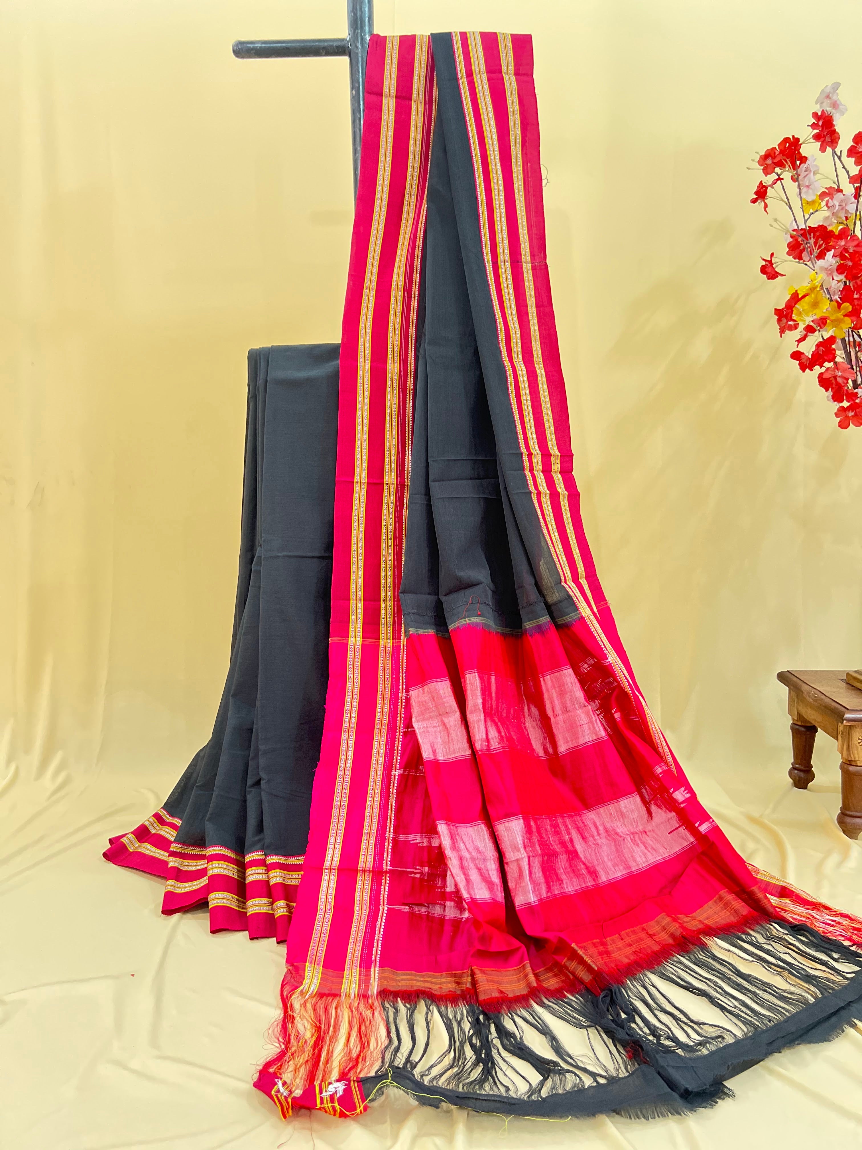Charcoal Grey with Rani Pink Silk Pallu Handloom Cotton Silk Saree