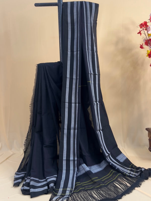 Midnight Black with Silver Border Handloom Cotton Silk Saree
