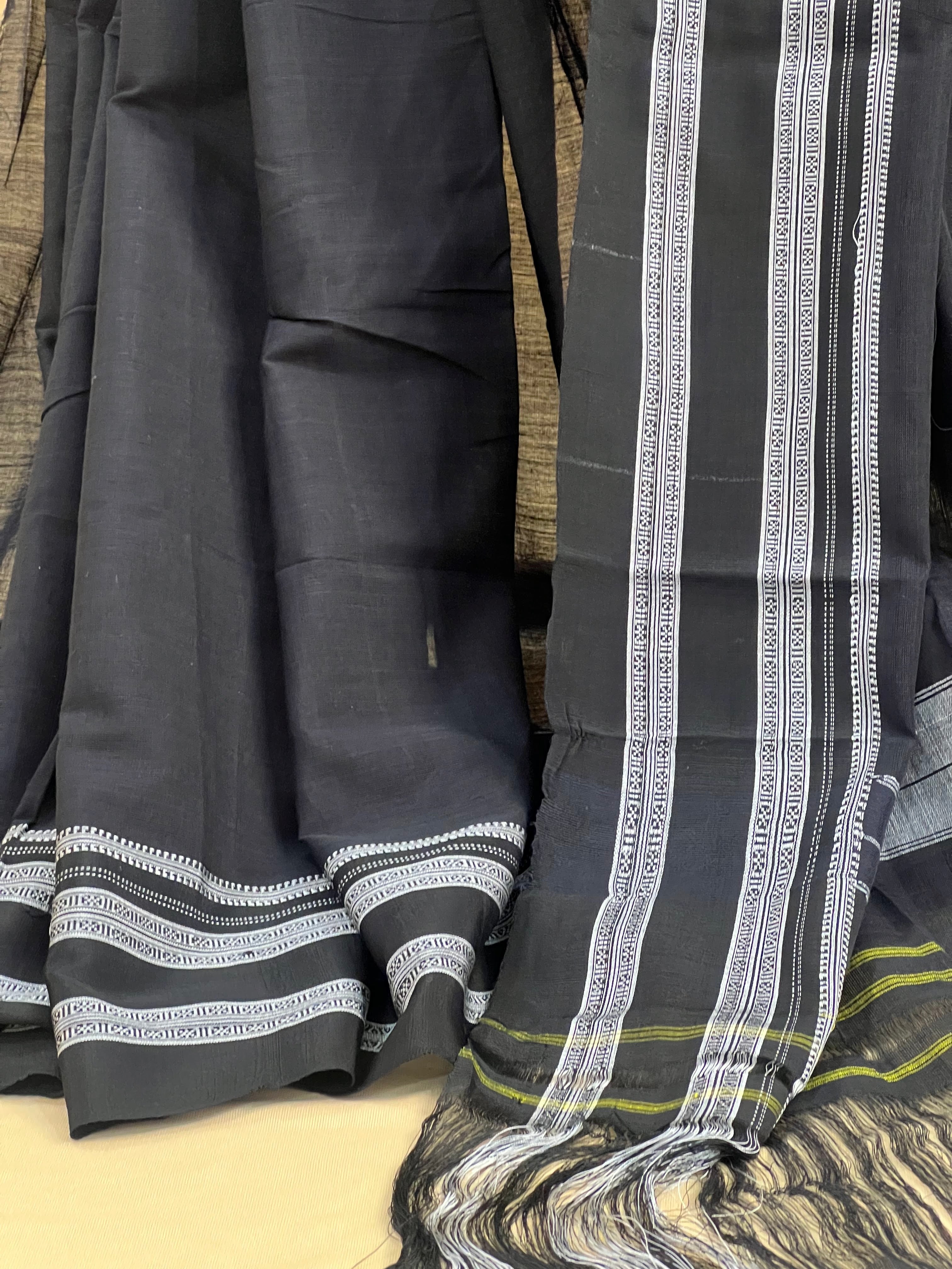 Midnight Black with Silver Border Handloom Cotton Silk Saree