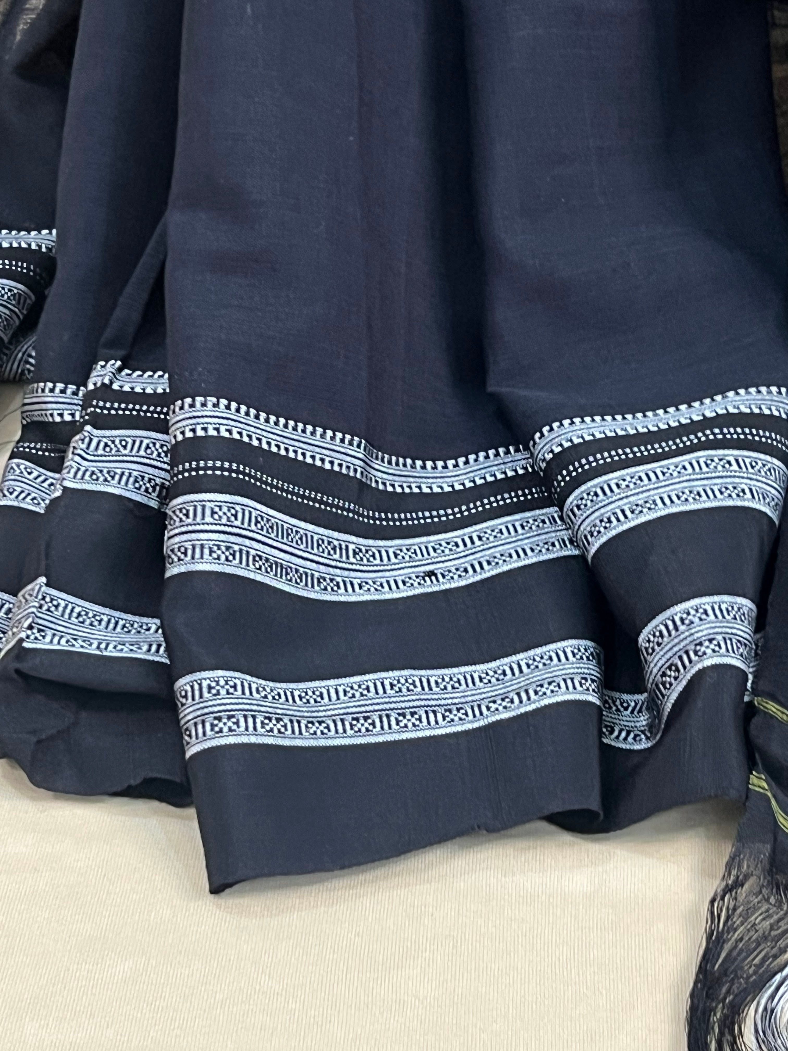 Midnight Black with Silver Border Handloom Cotton Silk Saree