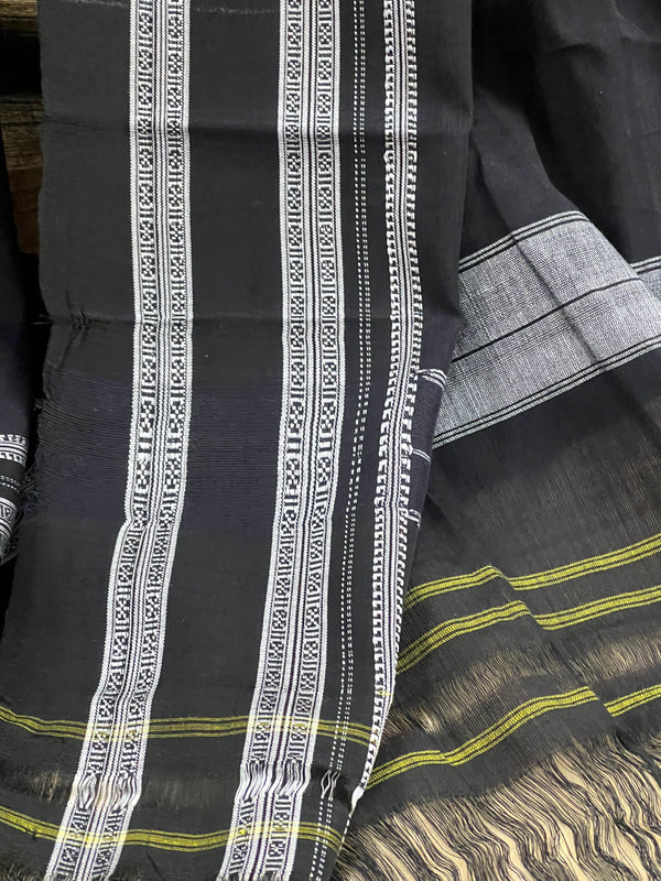Midnight Black with Silver Border Handloom Cotton Silk Saree