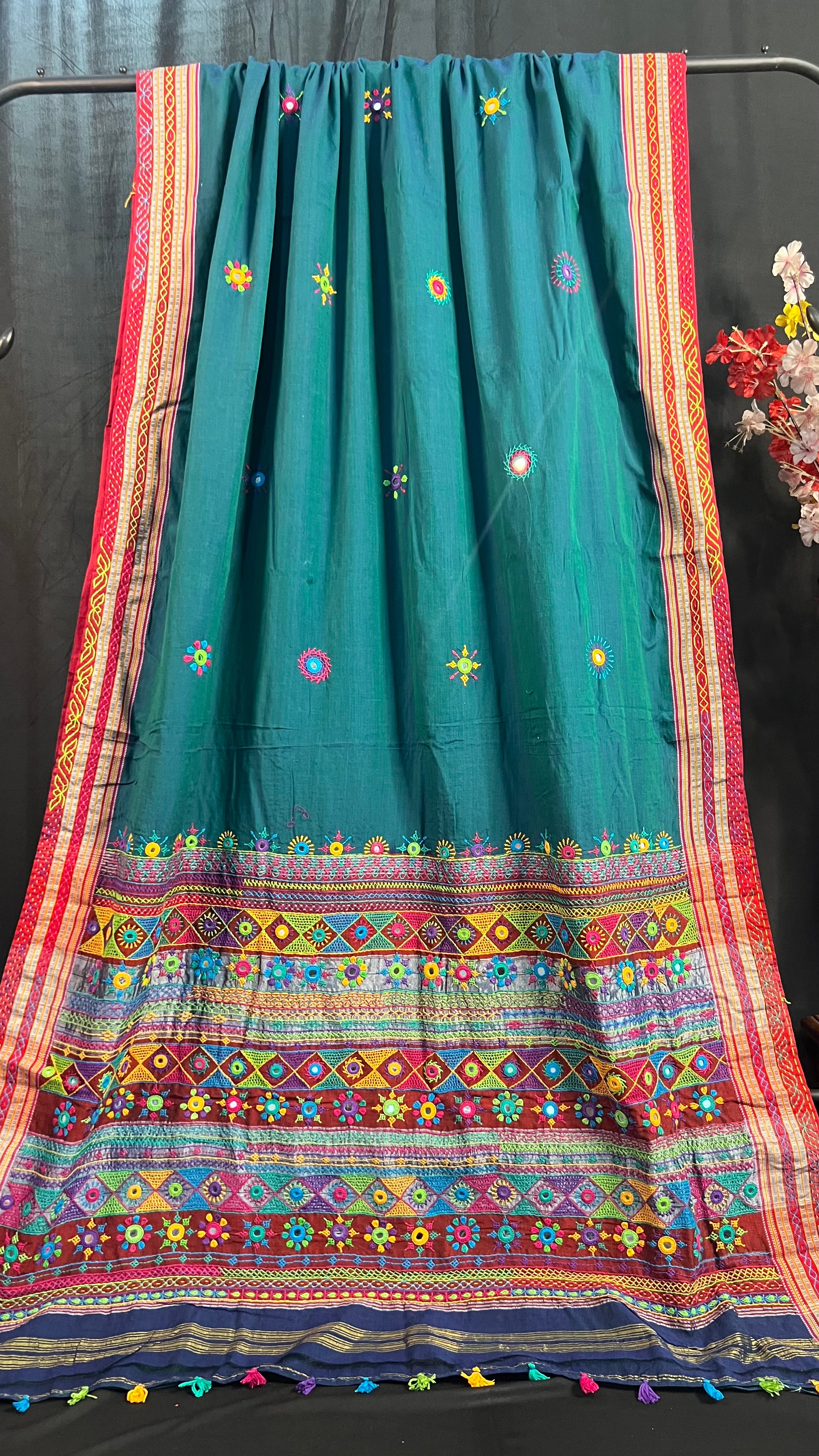 Ilkal Cotton Lambani Saree | Green  & Red Handcrafted Embroidered Saree