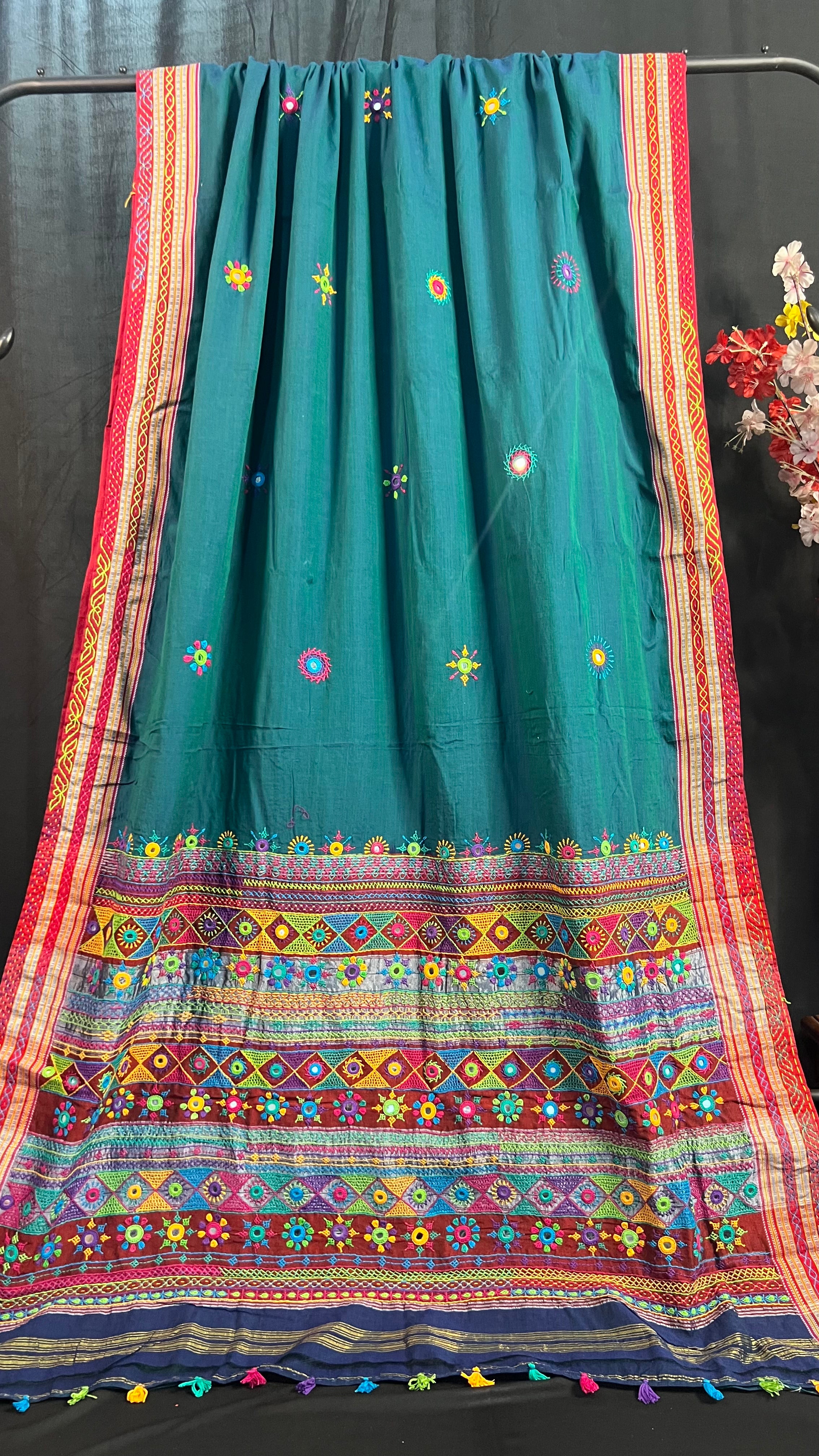 Ilkal Cotton Lambani Saree | Green  & Red Handcrafted Embroidered Saree