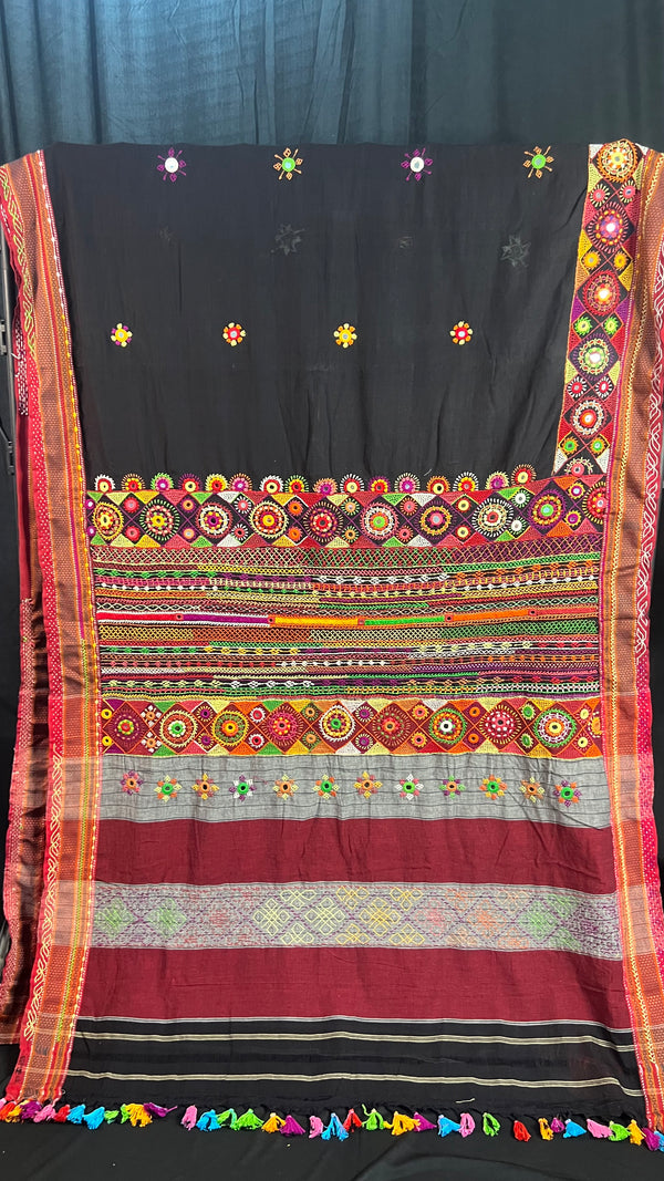 Ilkal Cotton Lambani Saree | Black & Red Handcrafted Embroidered Saree