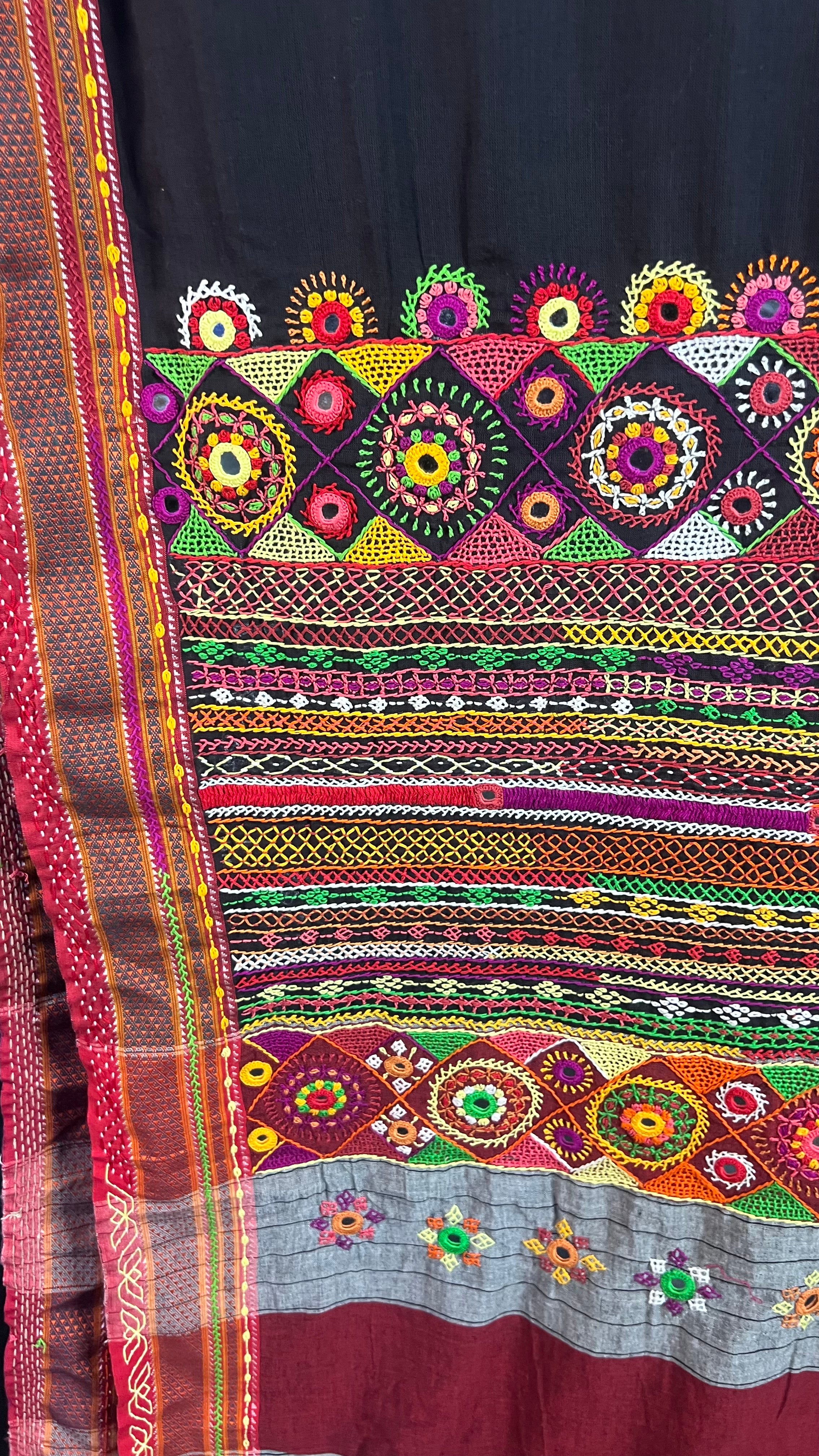 Ilkal Cotton Lambani Saree | Black & Red Handcrafted Embroidered Saree
