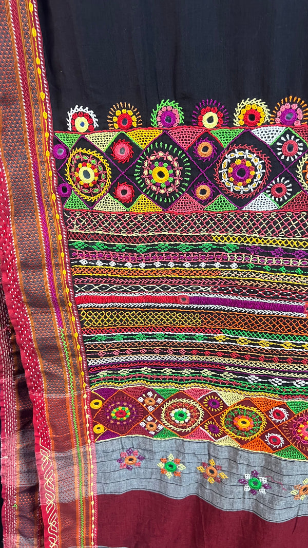 Ilkal Cotton Lambani Saree | Black & Red Handcrafted Embroidered Saree
