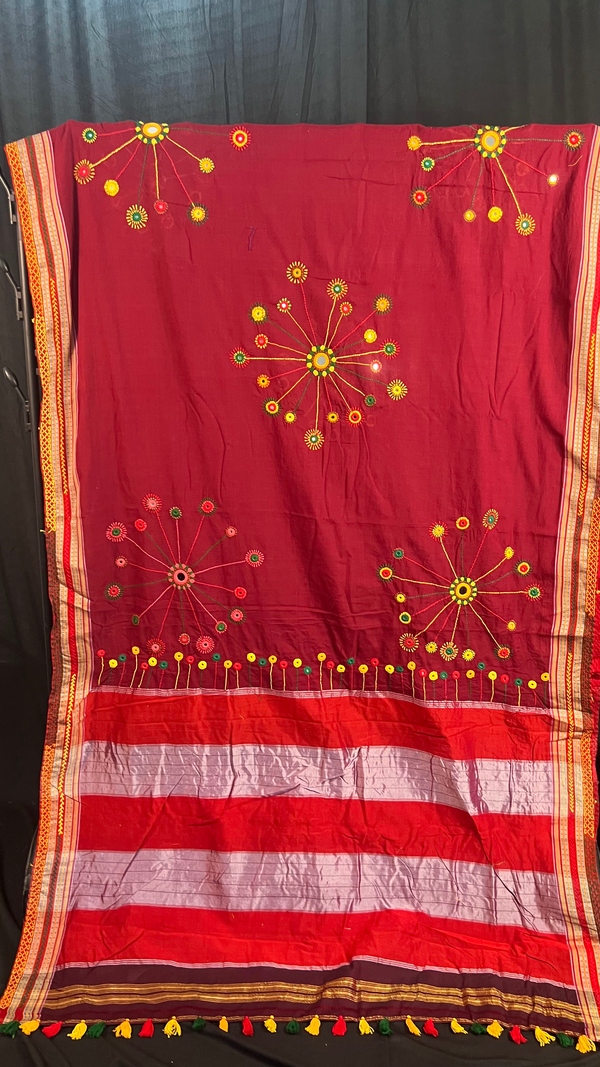 Handmade Lambani Embroidered Pure Cotton Saree with Running Blouse Piece