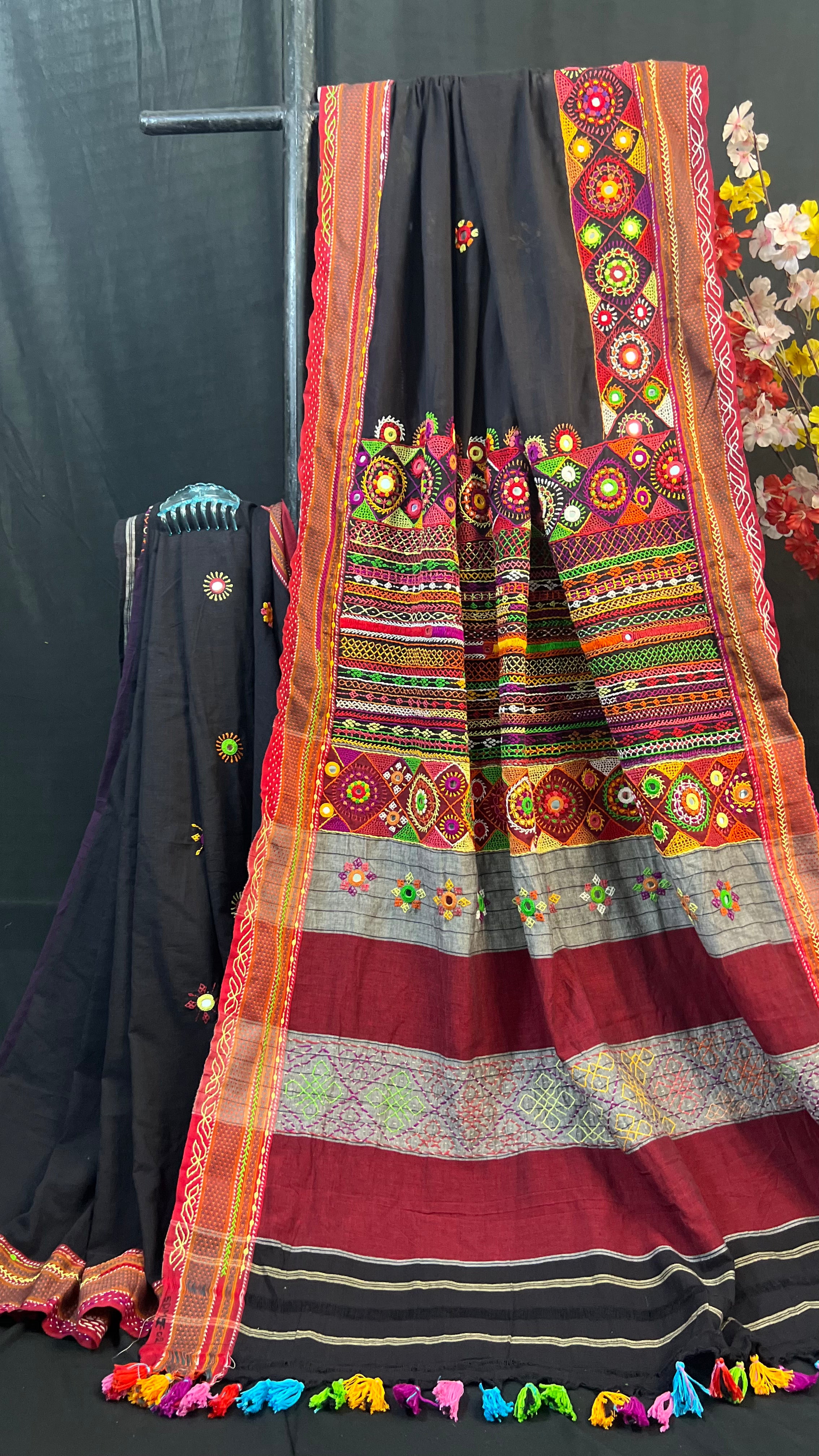 Ilkal Cotton Lambani Saree | Black & Red Handcrafted Embroidered Saree