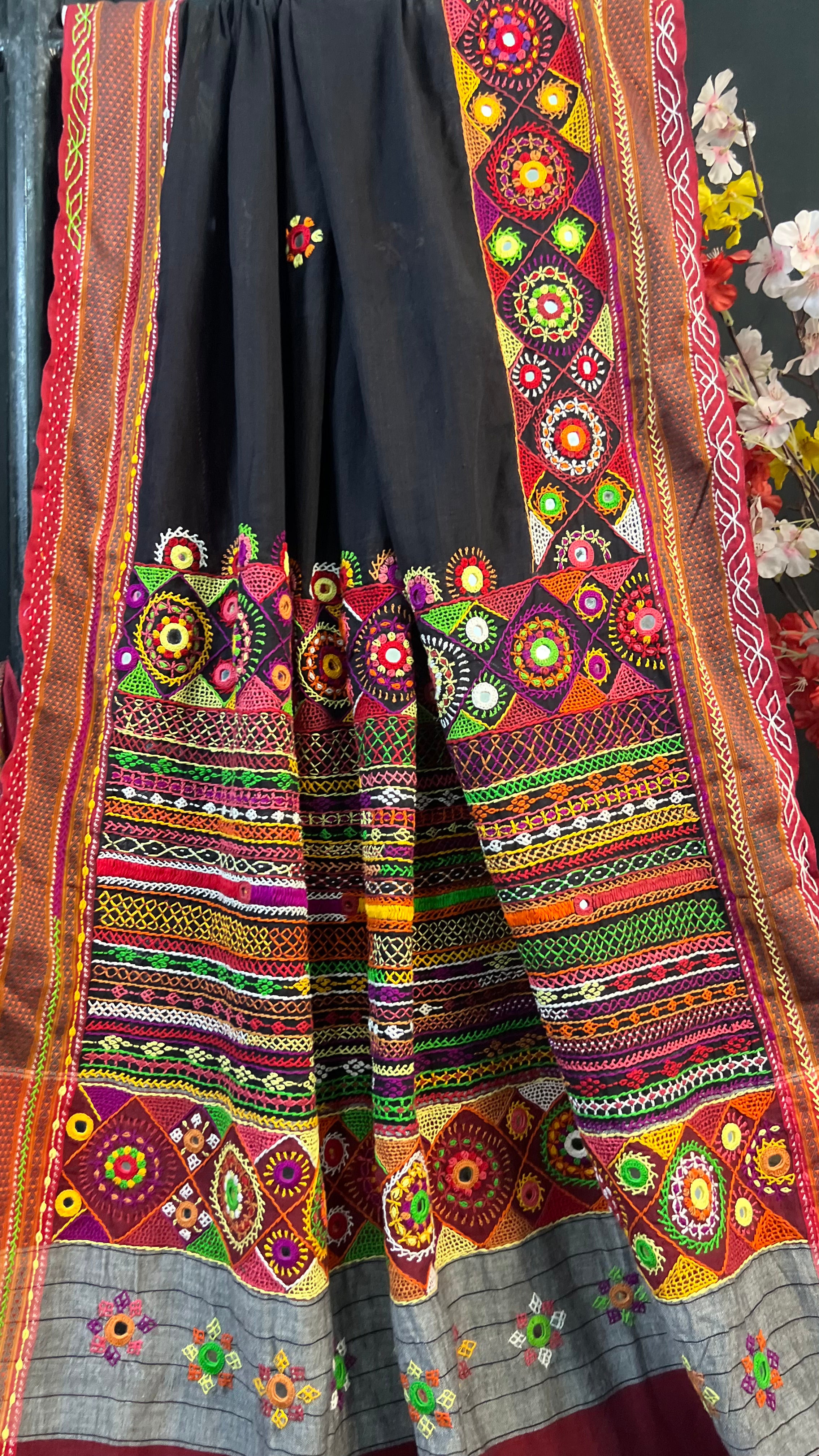 Ilkal Cotton Lambani Saree | Black & Red Handcrafted Embroidered Saree
