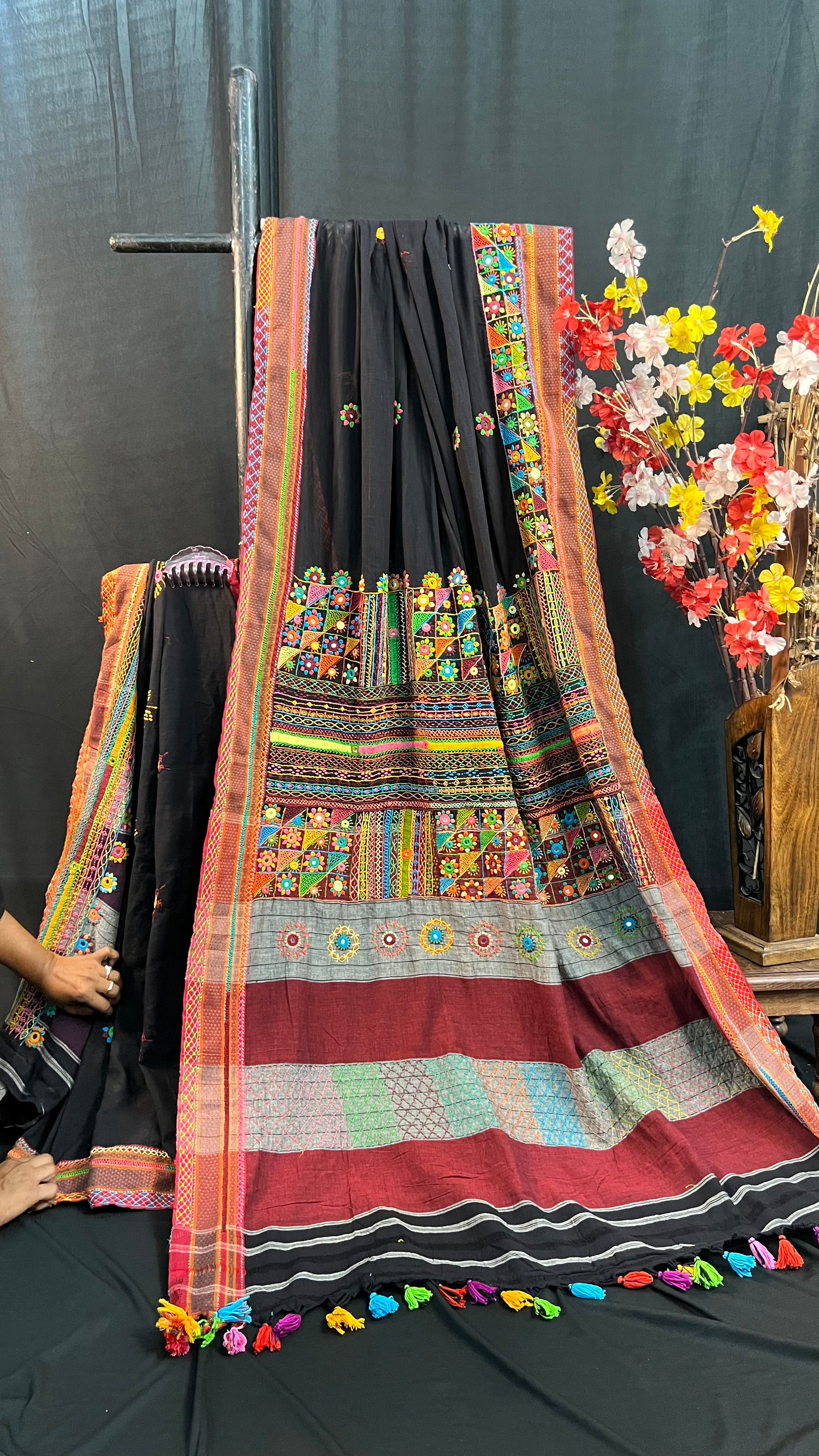 Ilkal Cotton Lambani Saree | Black with Multicolor Embroidered Pallu