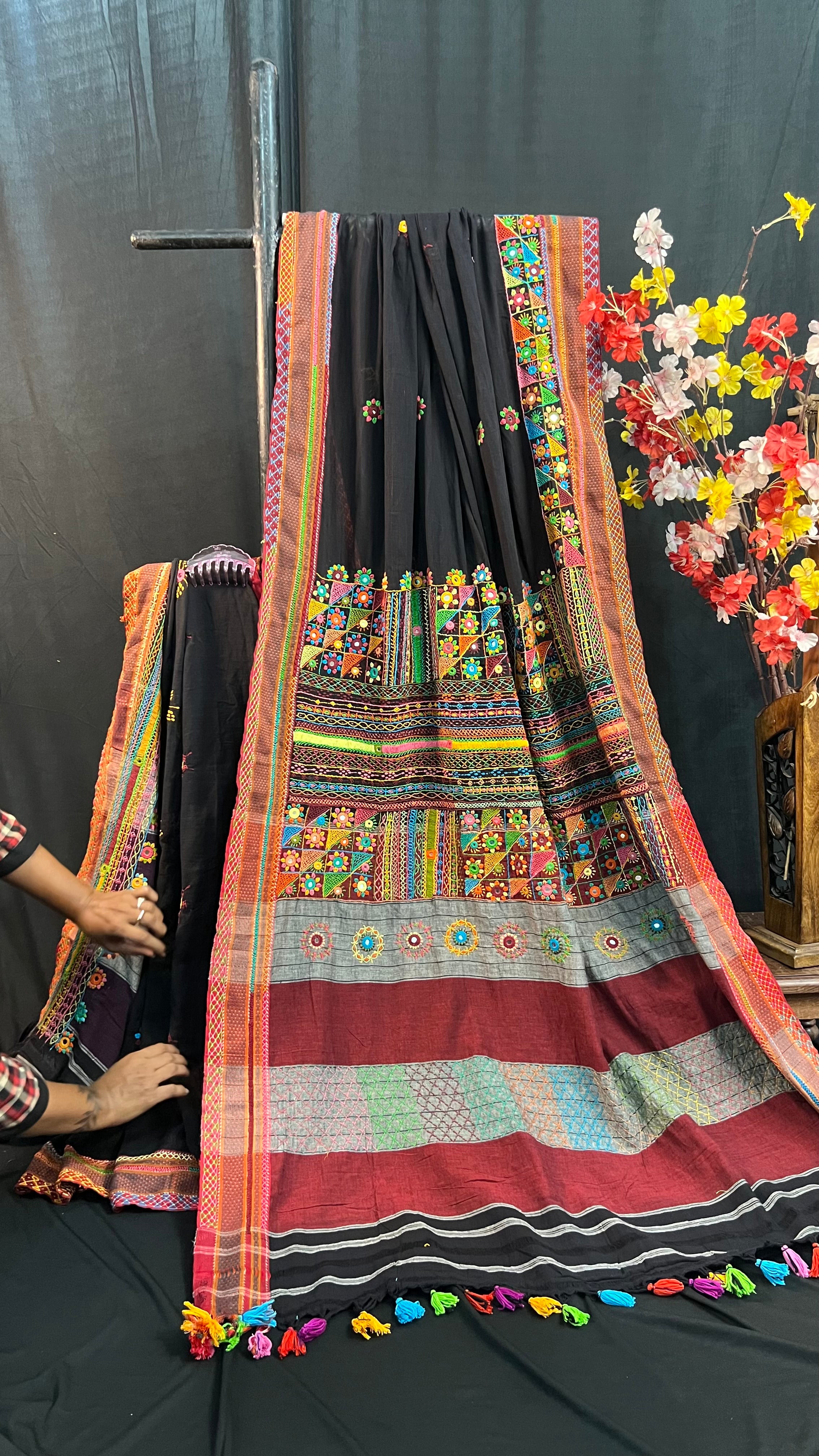 Ilkal Cotton Lambani Saree | Black with Multicolor Embroidered Pallu