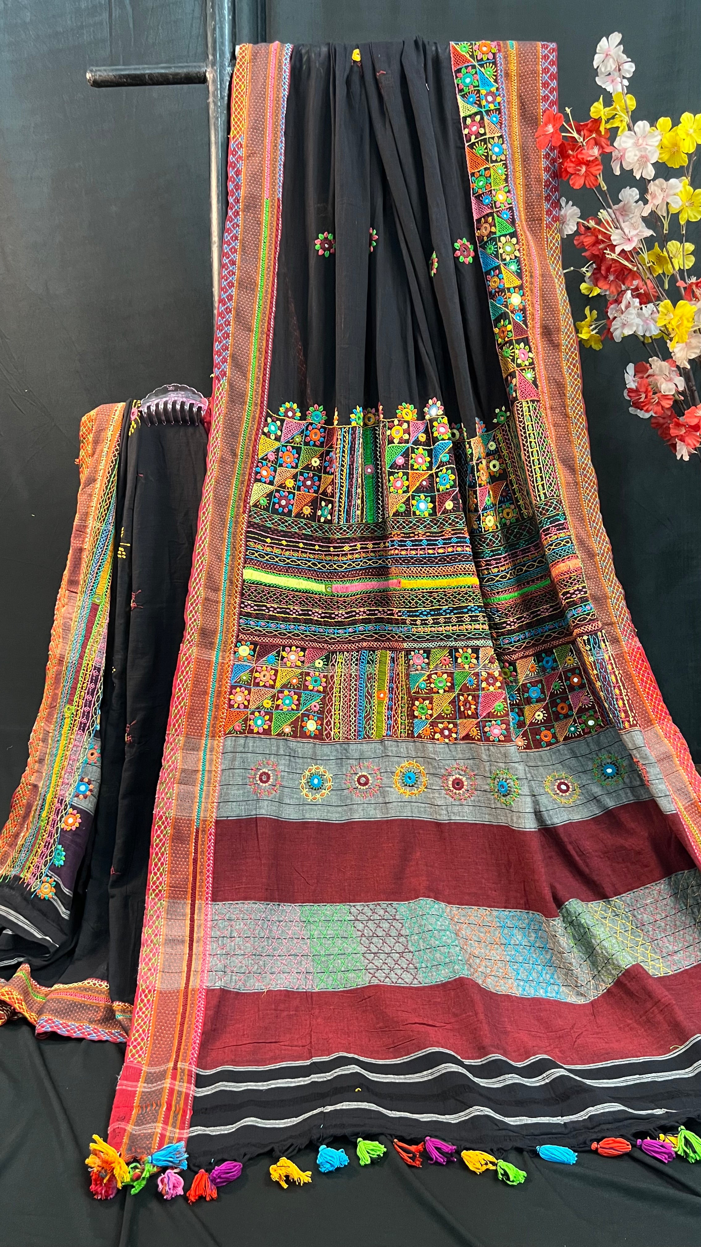 Ilkal Cotton Lambani Saree | Black with Multicolor Embroidered Pallu
