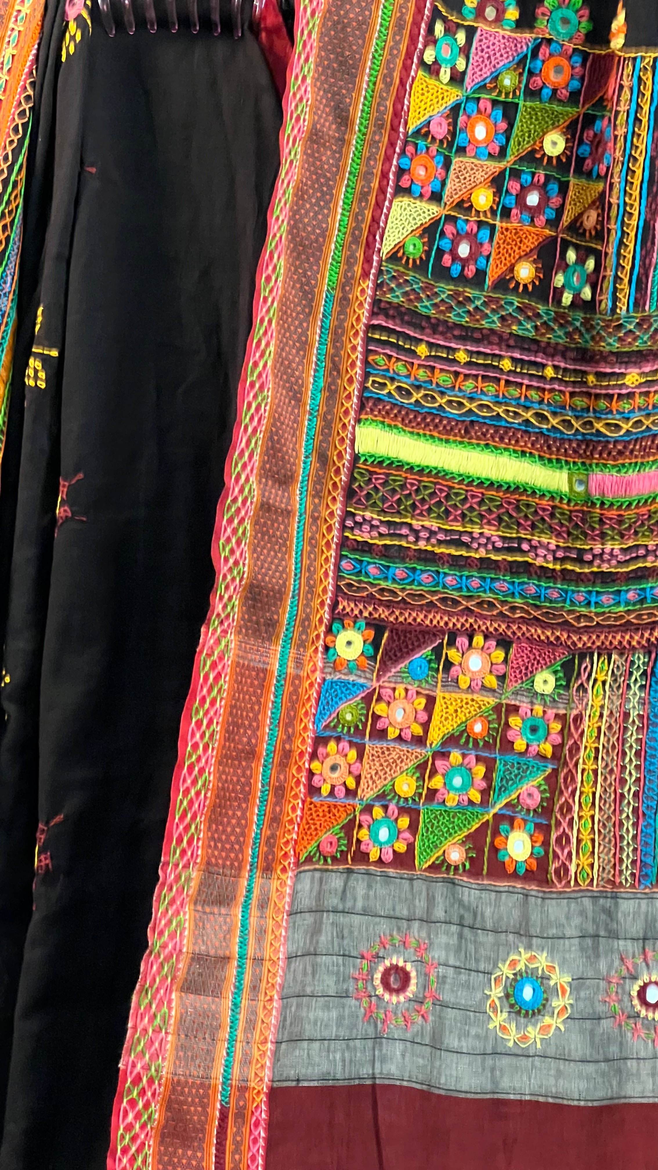 Ilkal Cotton Lambani Saree | Black with Multicolor Embroidered Pallu
