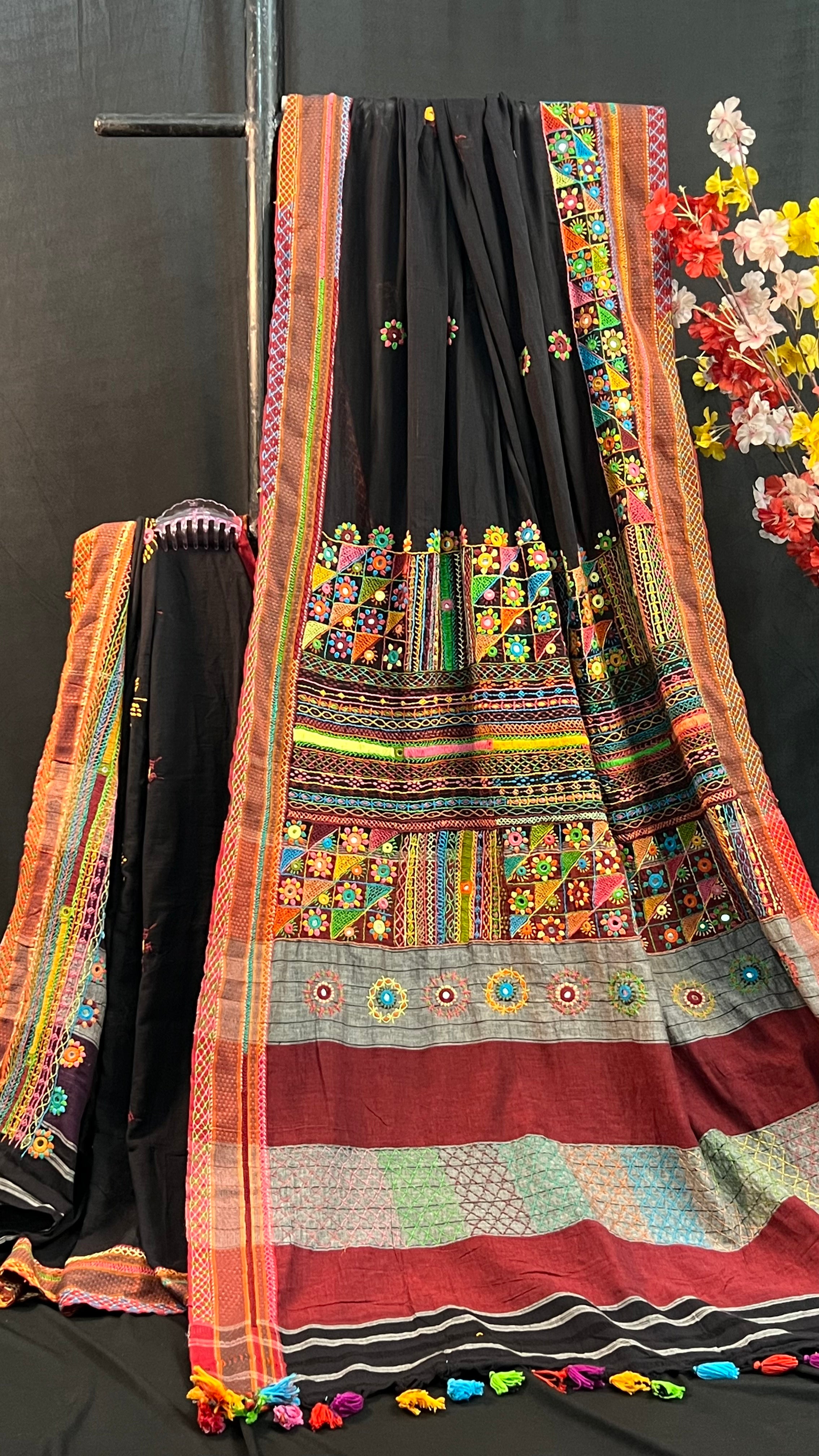 Ilkal Cotton Lambani Saree | Black with Multicolor Embroidered Pallu
