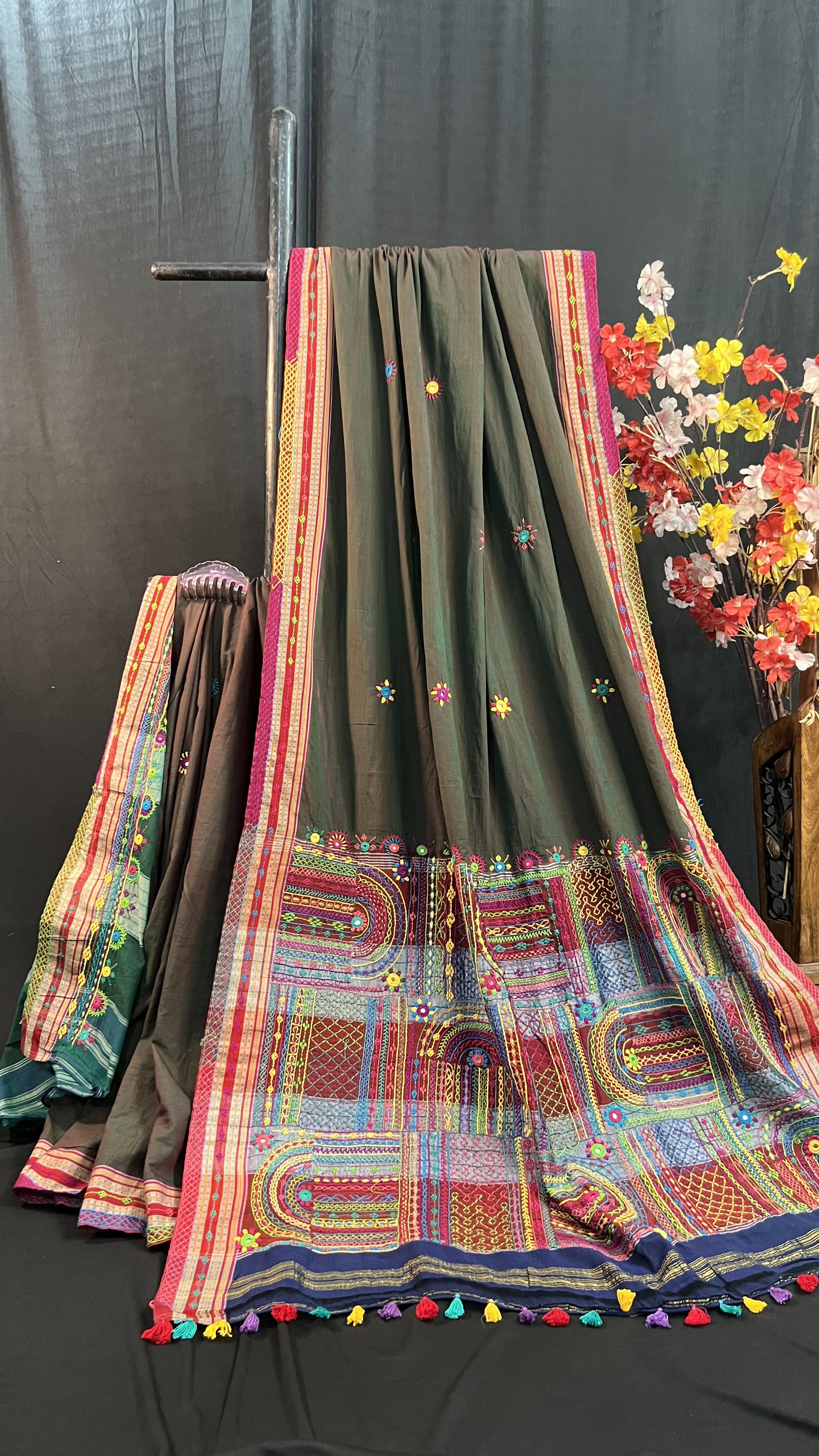 Handmade Lambani Embroidered Pure Cotton Saree with Running Blouse Piece