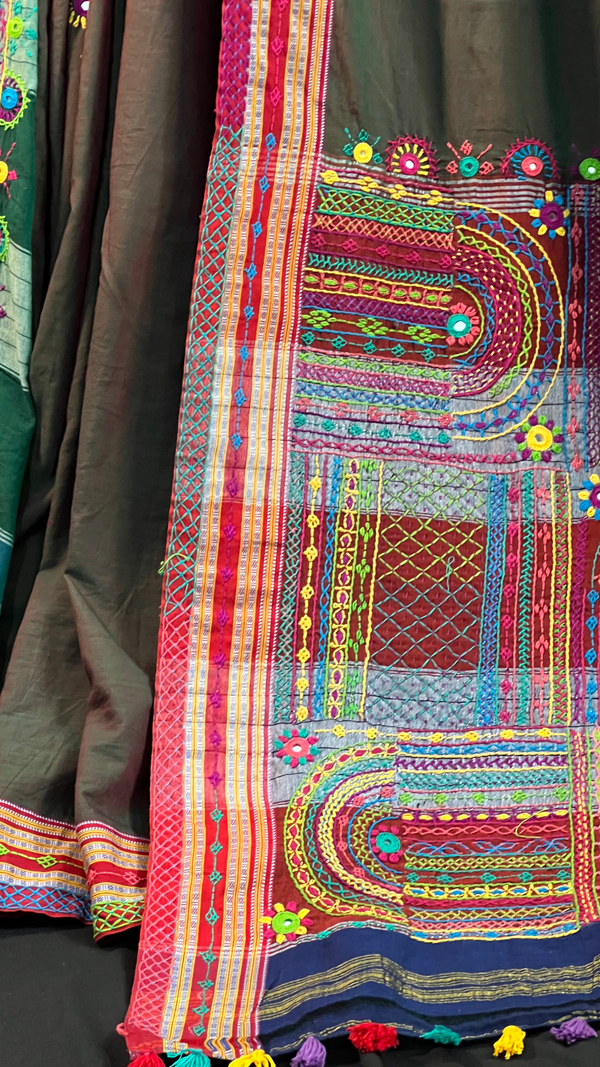 Handmade Lambani Embroidered Pure Cotton Saree with Running Blouse Piece