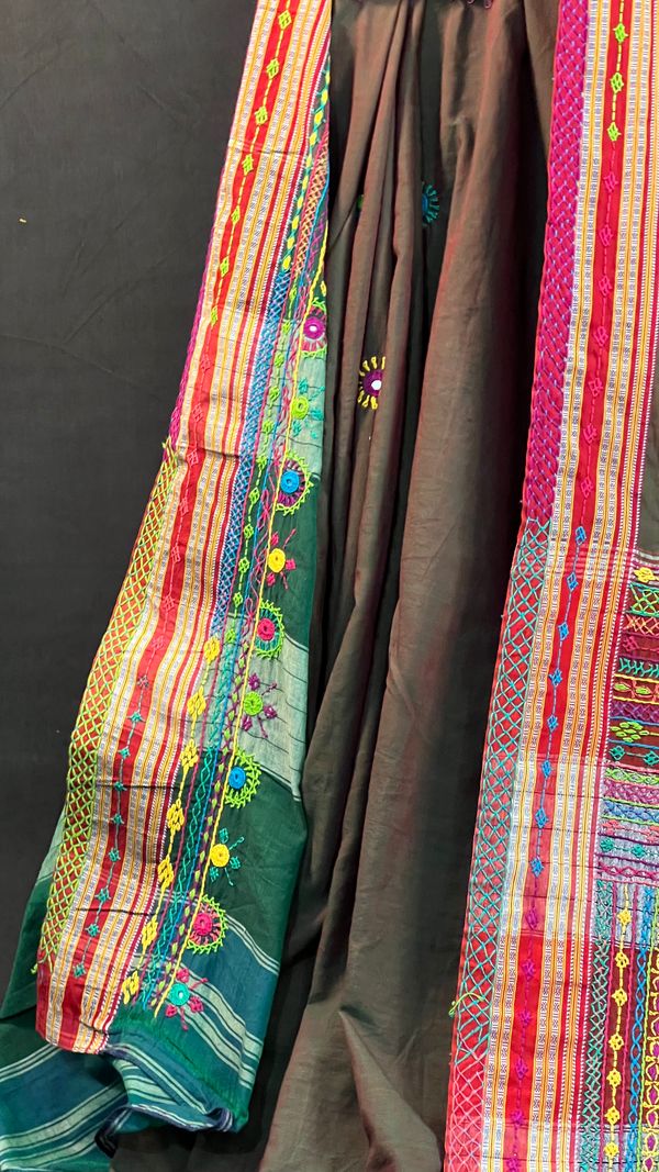 Handmade Lambani Embroidered Pure Cotton Saree with Running Blouse Piece