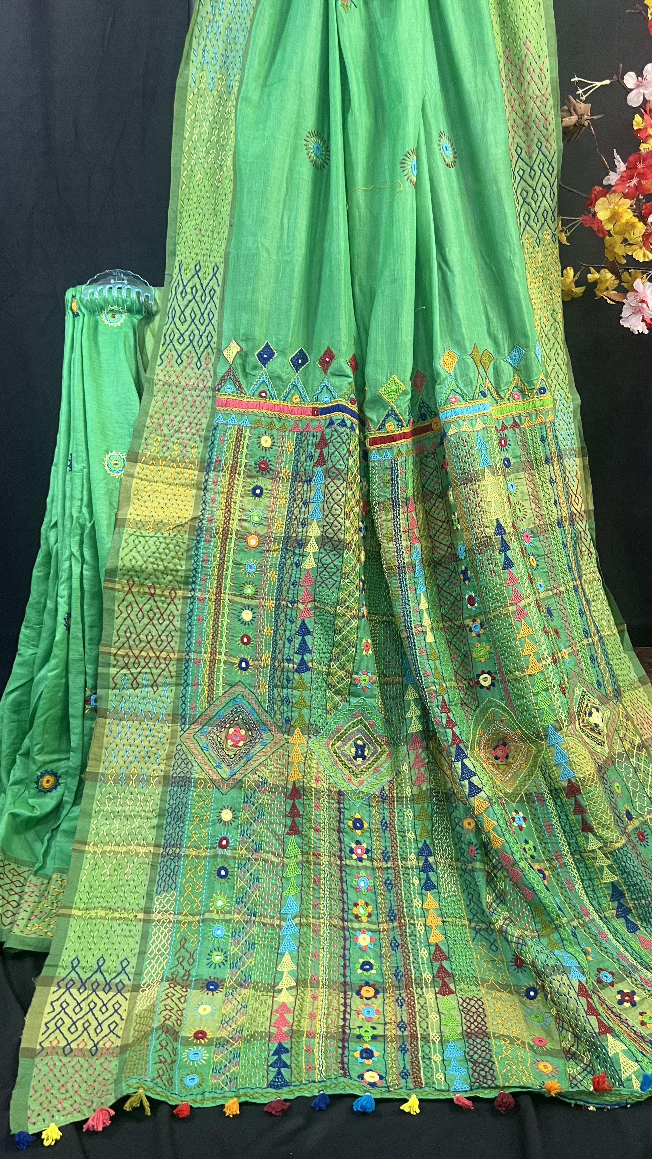 Handmade Lambani Embroidered Pure Tussar Saree with Running Blouse Piece