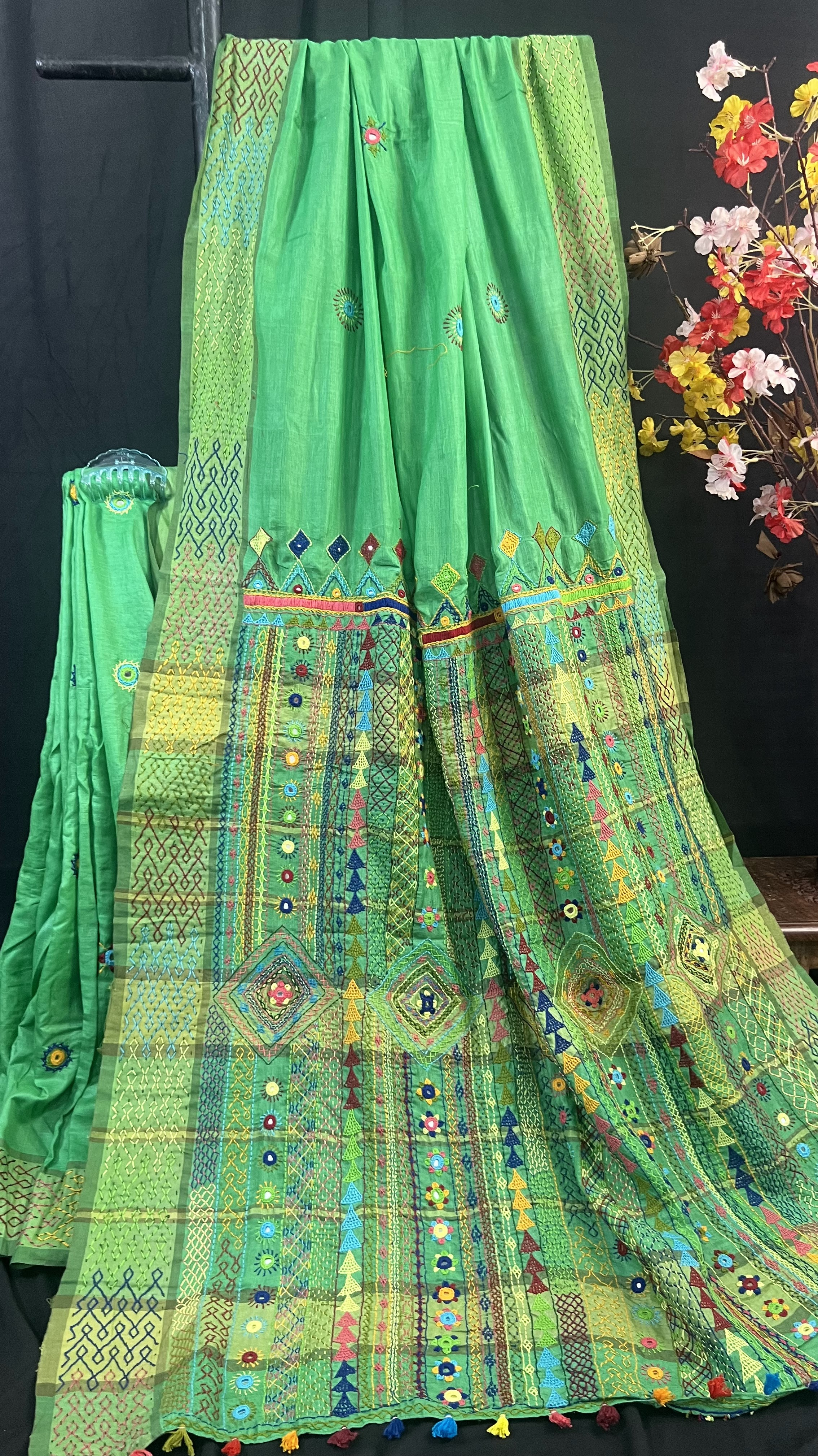 Handmade Lambani Embroidered Pure Tussar Saree with Running Blouse Piece