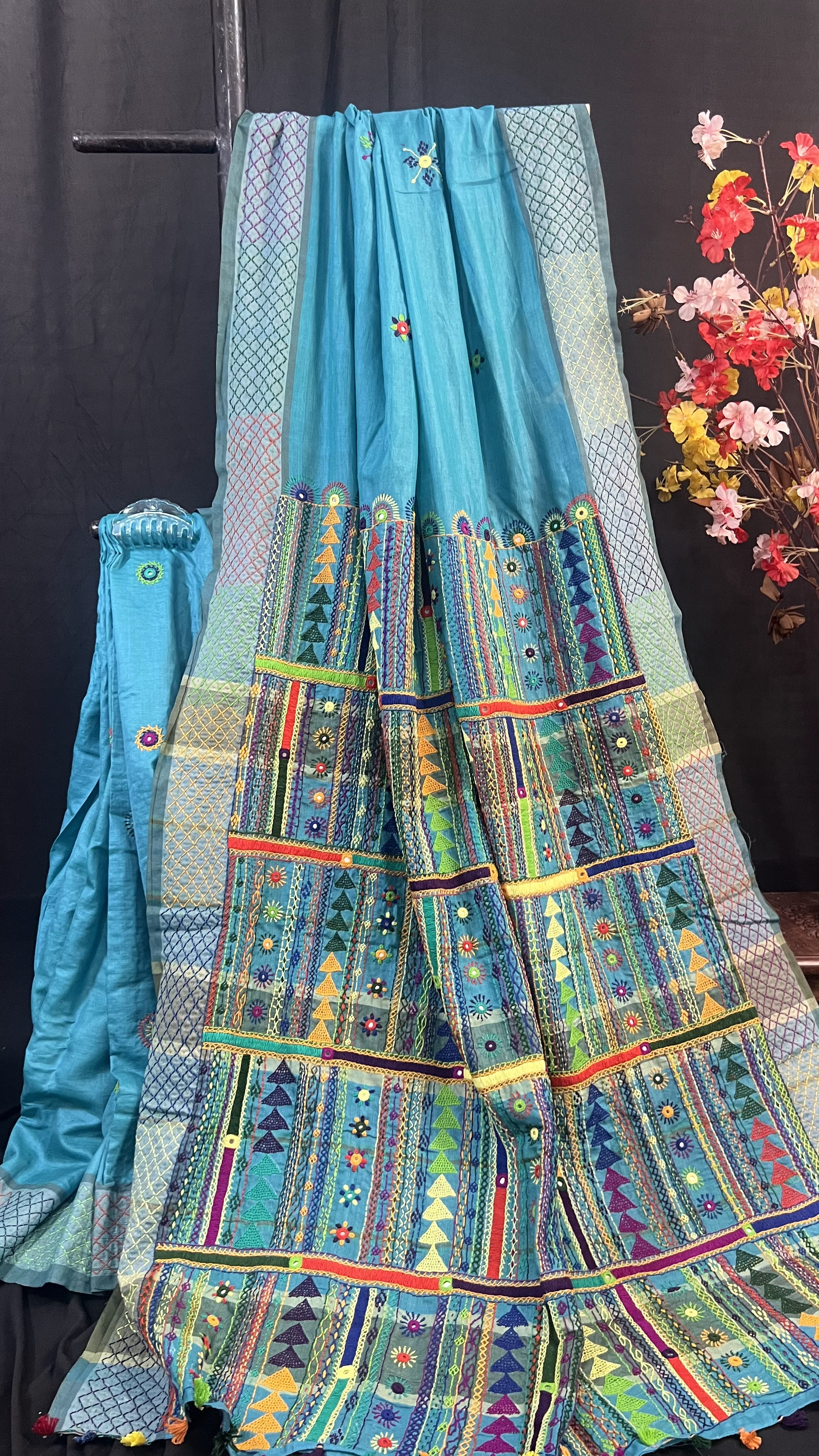 Handmade Lambani Embroidered Pure Tussar Saree with Running Blouse Piece