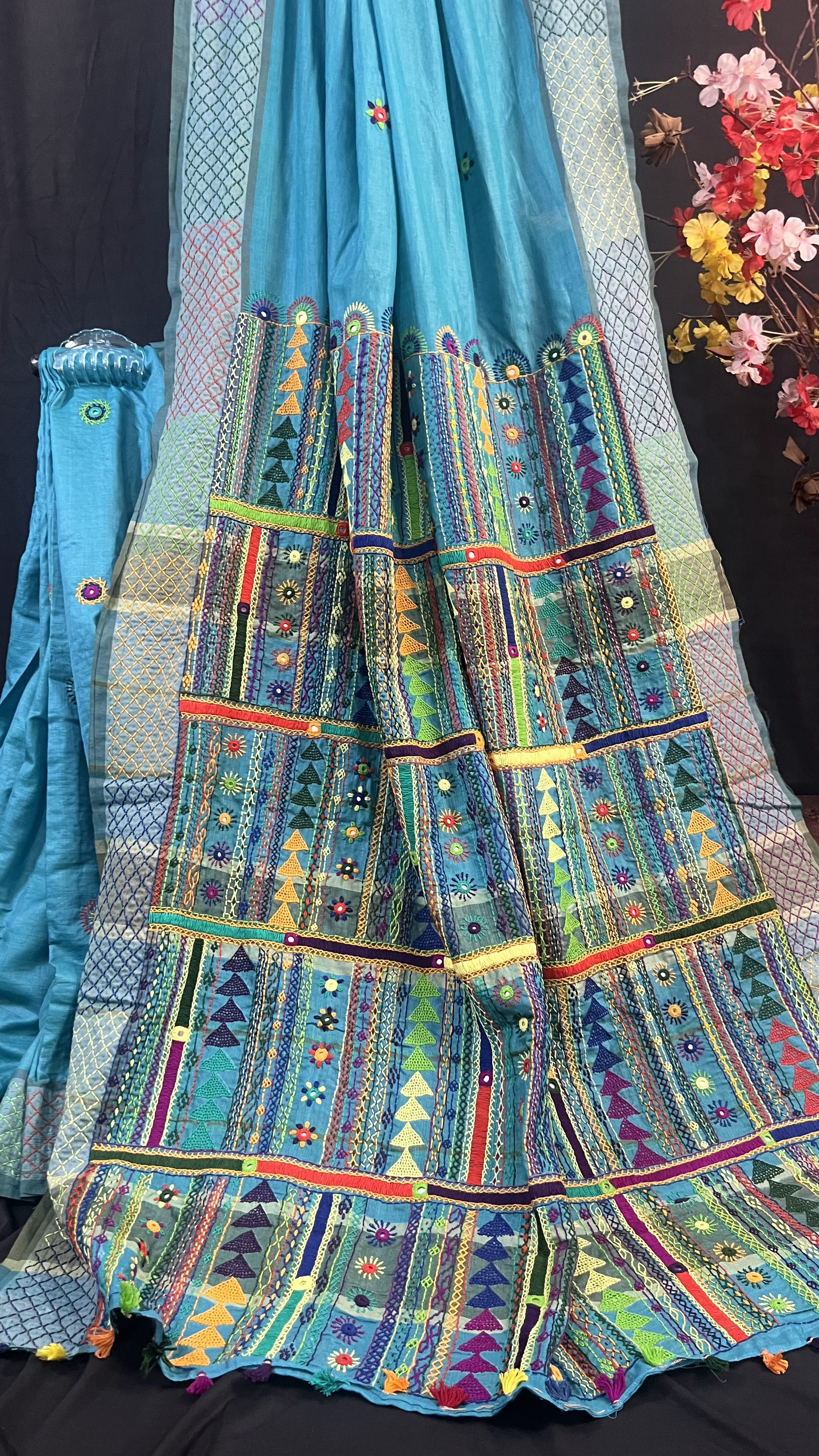 Handmade Lambani Embroidered Pure Tussar Saree with Running Blouse Piece