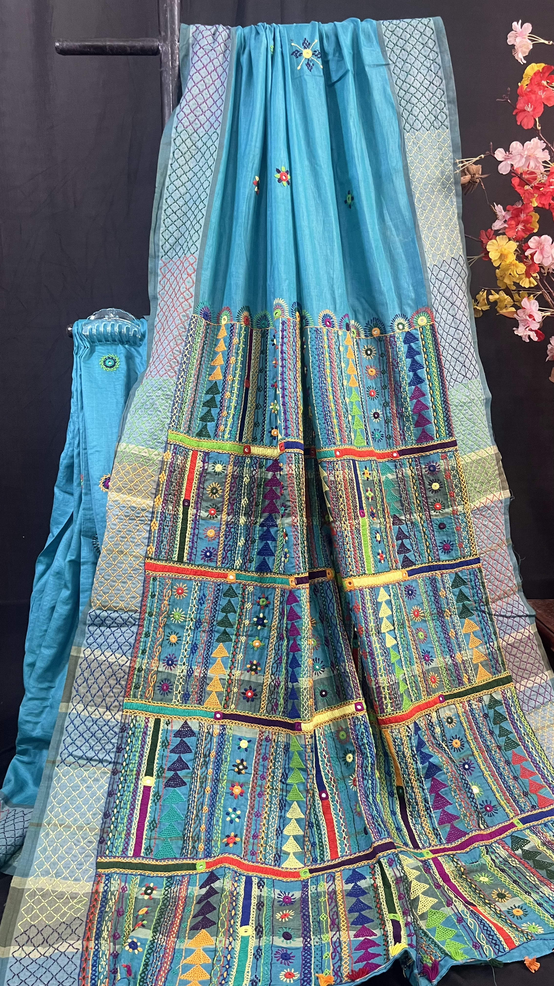 Handmade Lambani Embroidered Pure Tussar Saree with Running Blouse Piece