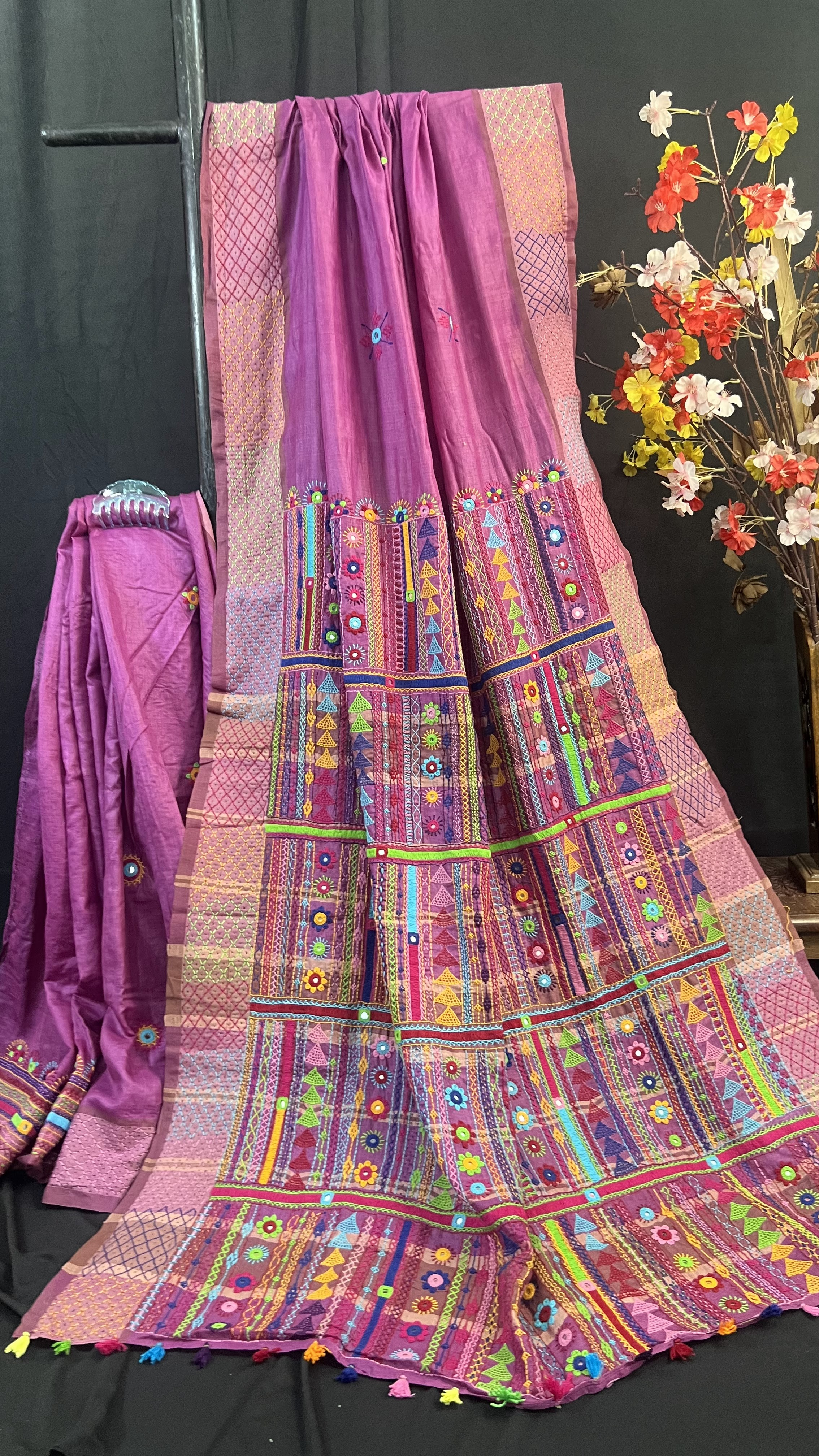 Handmade Lambani Embroidered Pure Tussar Saree with Running Blouse Piece