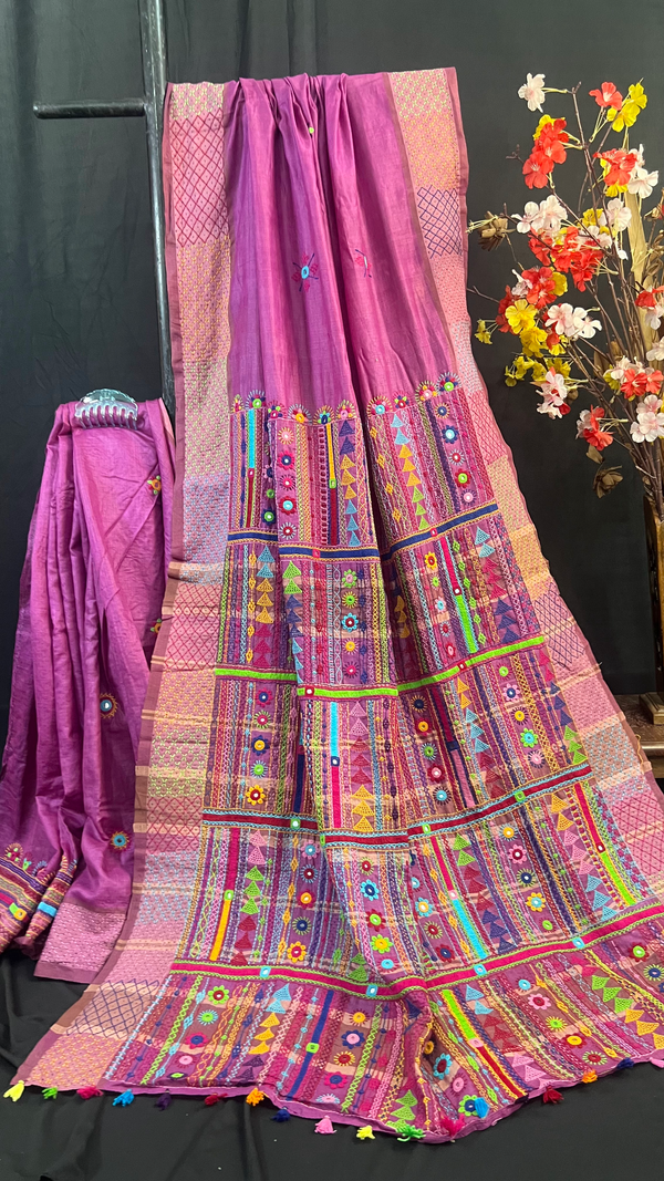 Handmade Lambani Embroidered Pure Tussar Saree with Running Blouse Piece