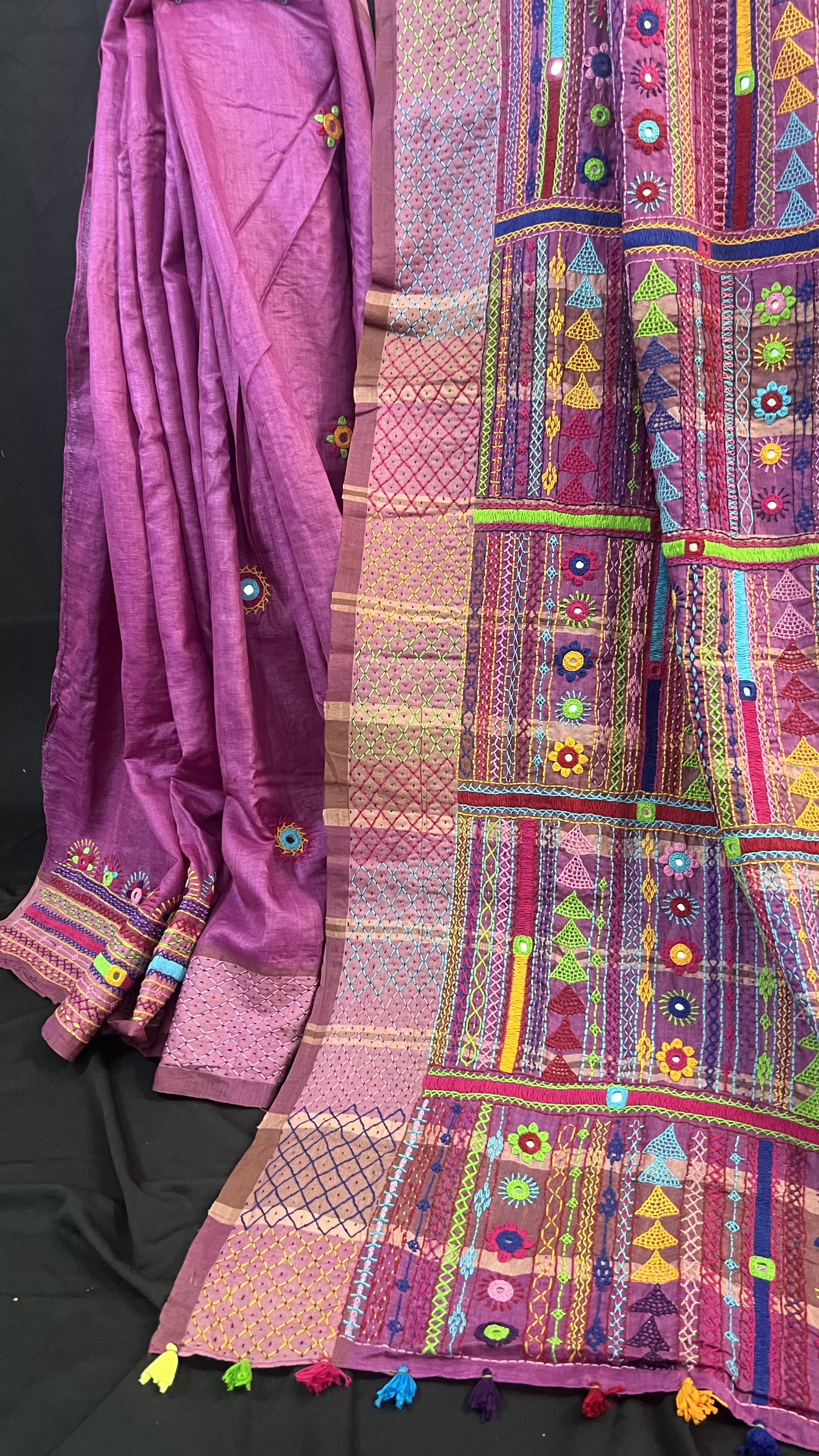 Handmade Lambani Embroidered Pure Tussar Saree with Running Blouse Piece