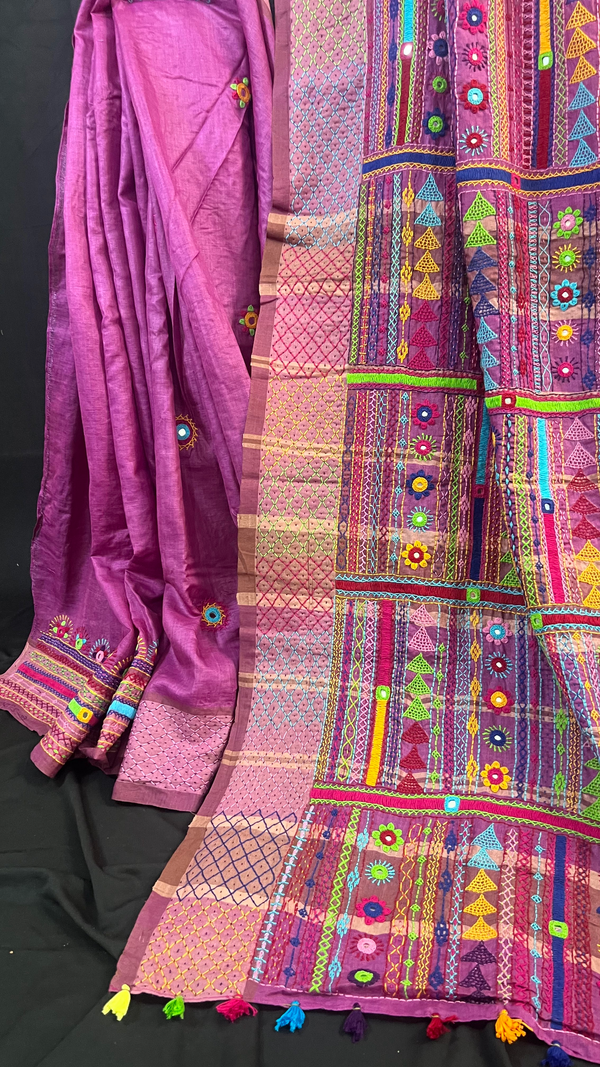 Handmade Lambani Embroidered Pure Tussar Saree with Running Blouse Piece