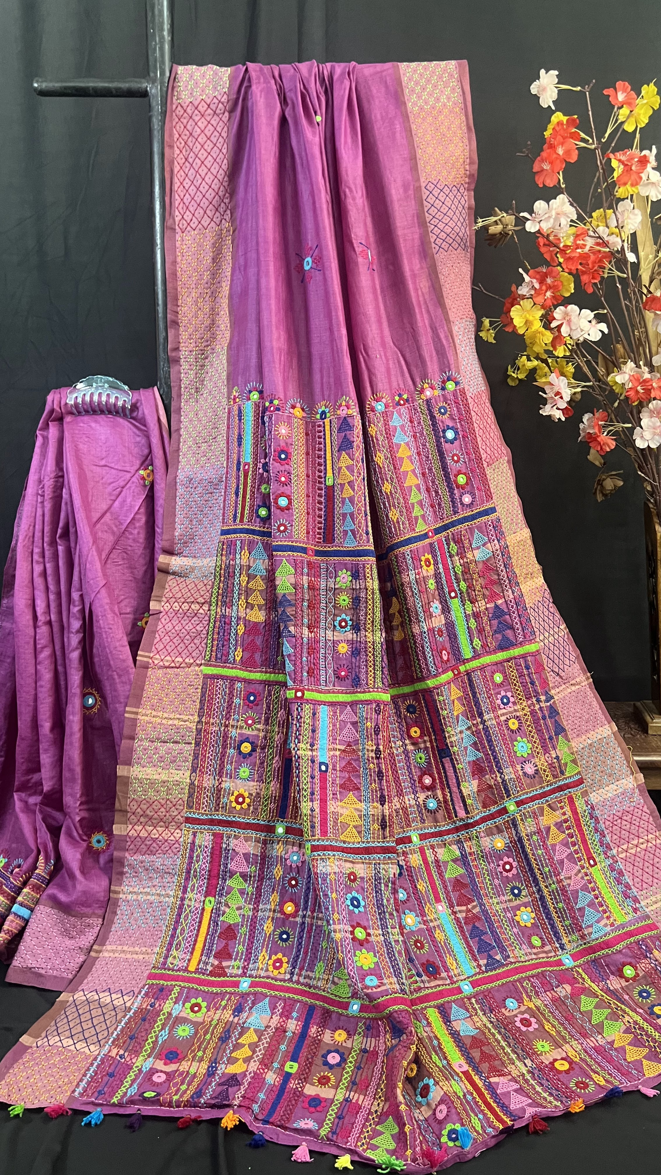Handmade Lambani Embroidered Pure Tussar Saree with Running Blouse Piece