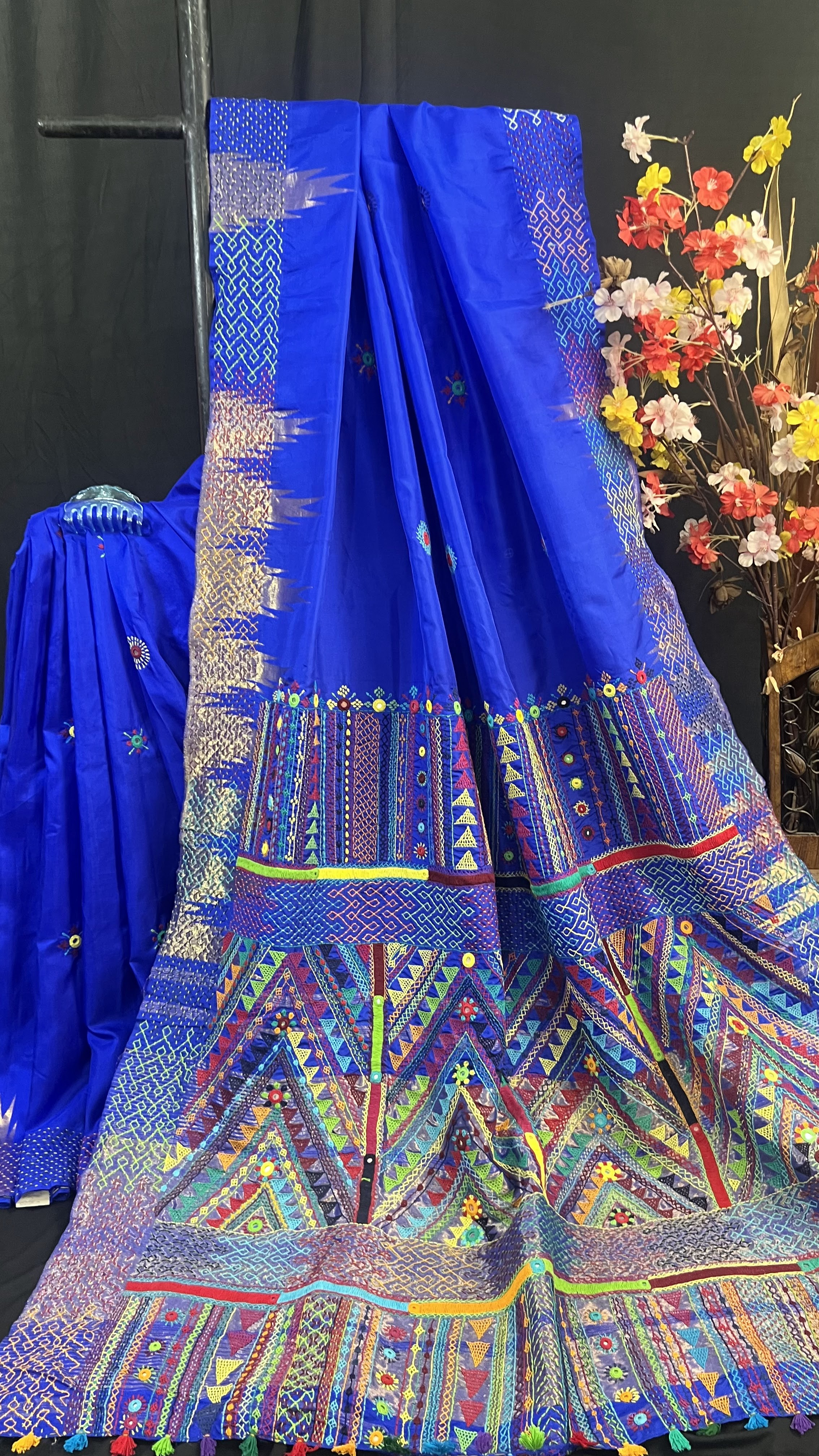 Handmade Lambani Embroidered Pure Silk Kanchipuram Saree with Running Blouse Piece