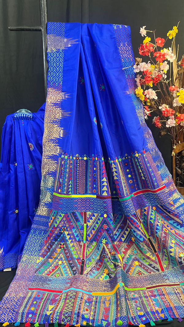 Handmade Lambani Embroidered Pure Silk Kanchipuram Saree with Running Blouse Piece