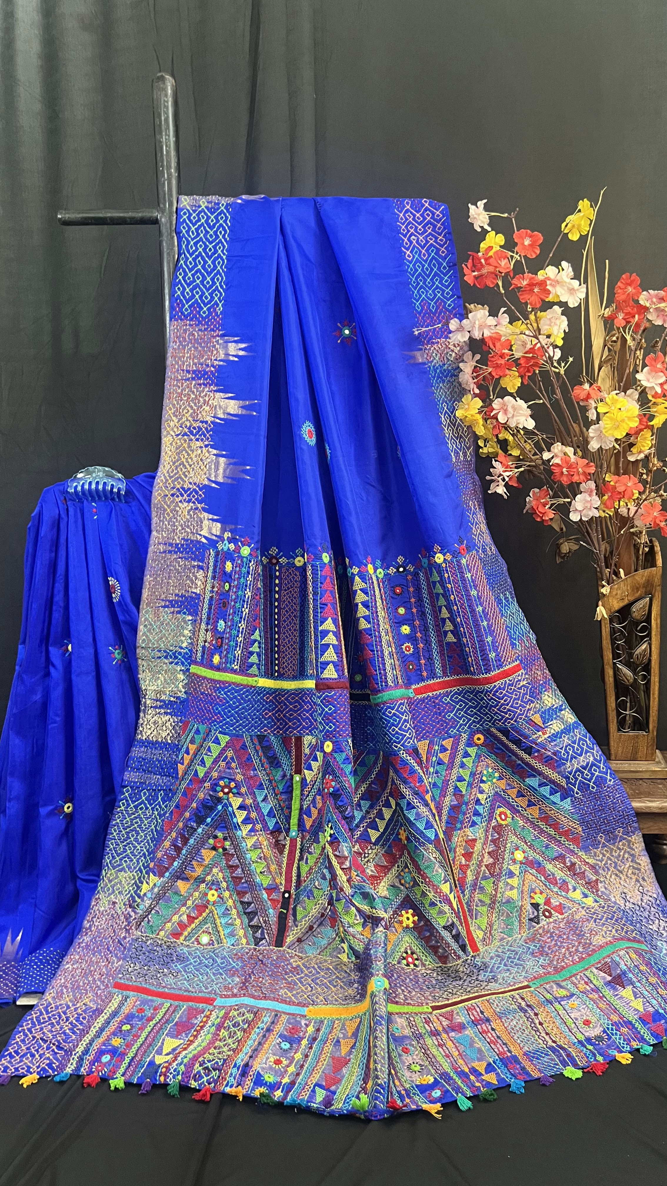 Handmade Lambani Embroidered Pure Silk Kanchipuram Saree with Running Blouse Piece