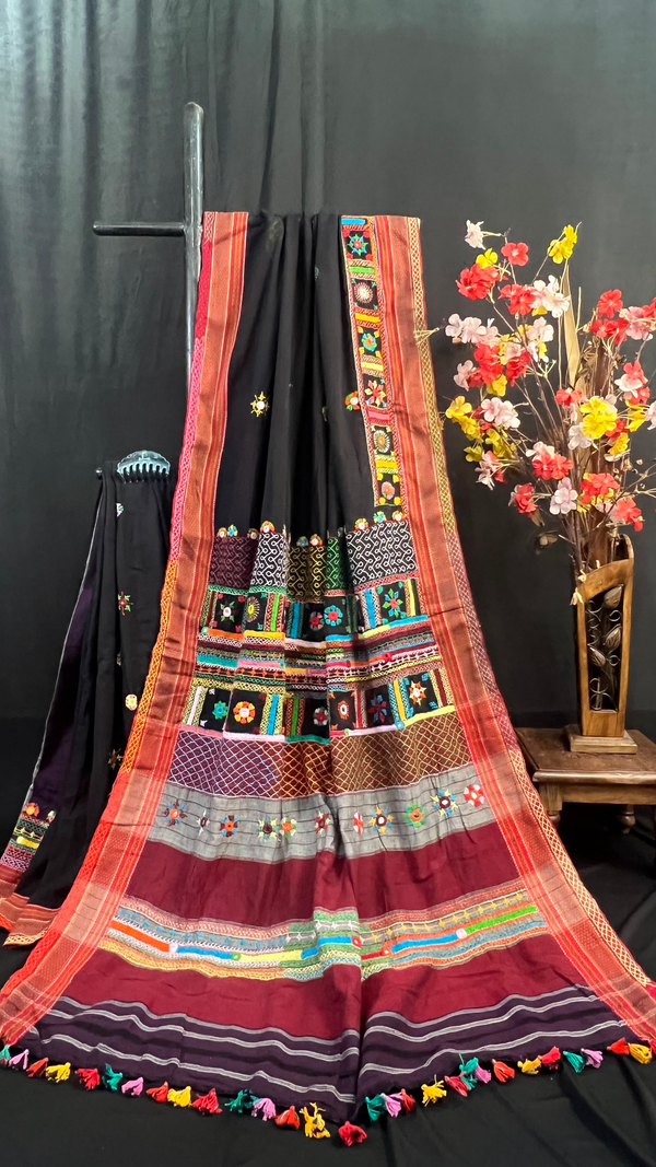 Handmade Lambani Embroidered Pure Cotton Saree with Running Blouse Piece